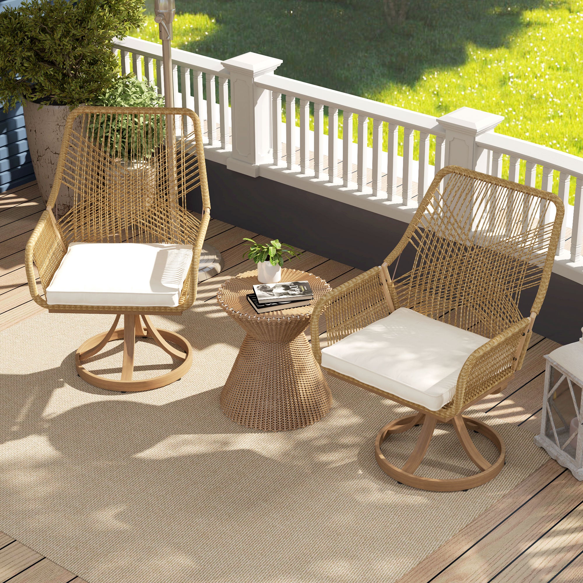 Outsunny Patio Swivel Dining Chairs Set of 2, Outdoor Rattan Chairs with Soft Cushions and Metal Frame for Deck, Garden, Backyard, Poolside, Khaki