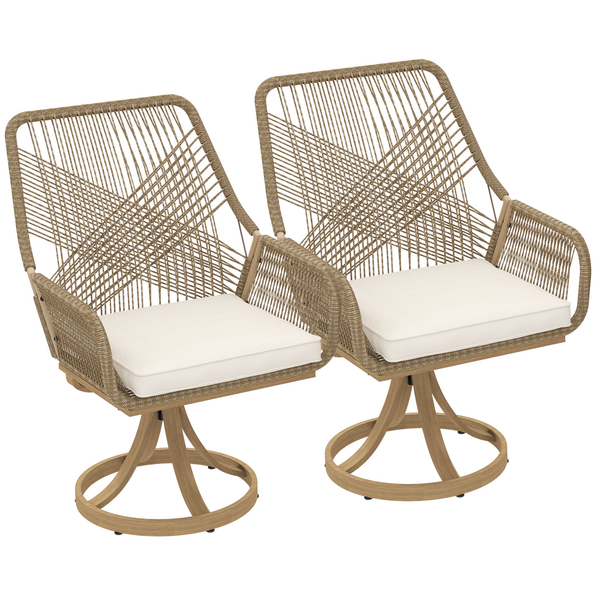 Outsunny Patio Swivel Dining Chairs Set of 2, Outdoor Rattan Chairs with Soft Cushions and Metal Frame for Deck, Garden, Backyard, Poolside, Khaki