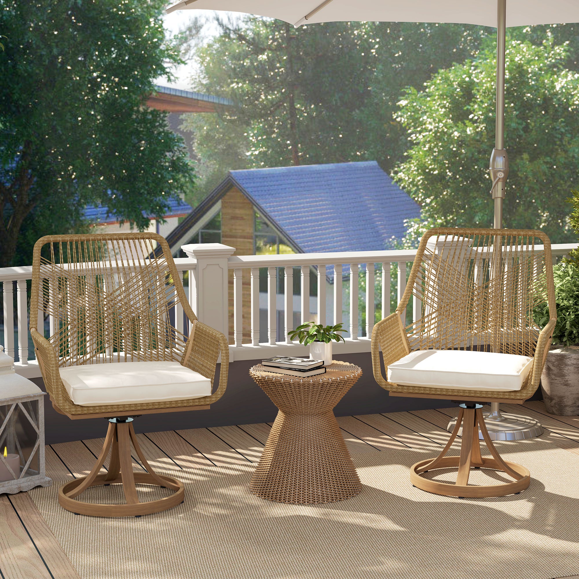 Outsunny Patio Swivel Dining Chairs Set of 2, Outdoor Rattan Chairs with Soft Cushions and Metal Frame for Deck, Garden, Backyard, Poolside, Khaki