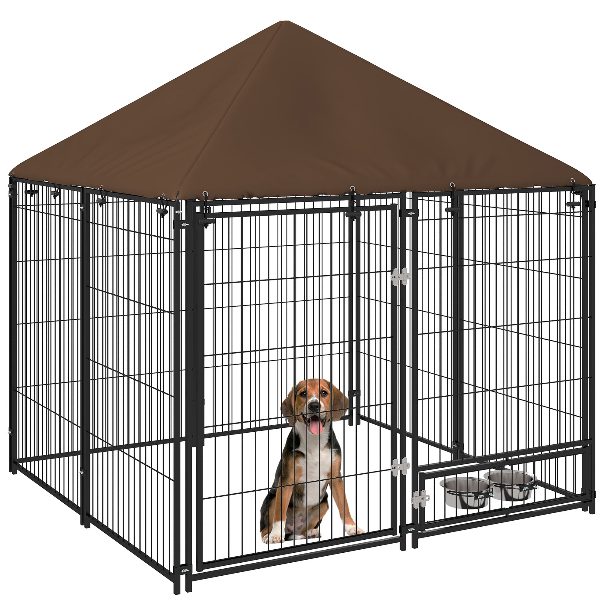 PawHut Large Dog Run, 4.6' x 4.6' x 5' Outdoor Dog Kennel with Canopy, Rotating Bowls, Door for Backyard & Garden, Coffee