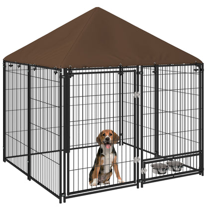 PawHut Large Dog Run, 4.6' x 4.6' x 5' Outdoor Dog Kennel with Canopy, Rotating Bowls, Door for Backyard & Garden, Coffee