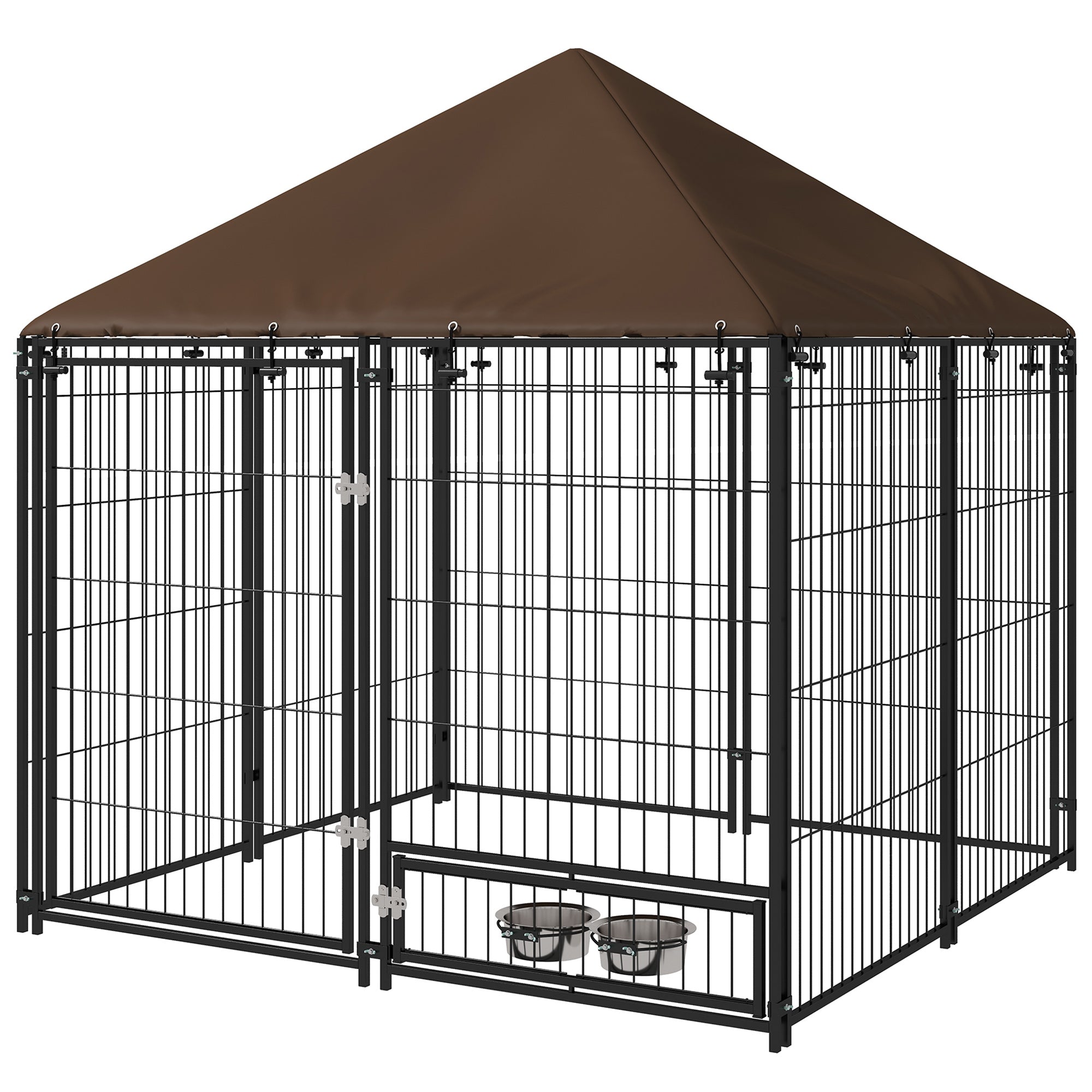 PawHut Large Dog Run, 4.6' x 4.6' x 5' Outdoor Dog Kennel with Canopy, Rotating Bowls, Door for Backyard & Garden, Coffee