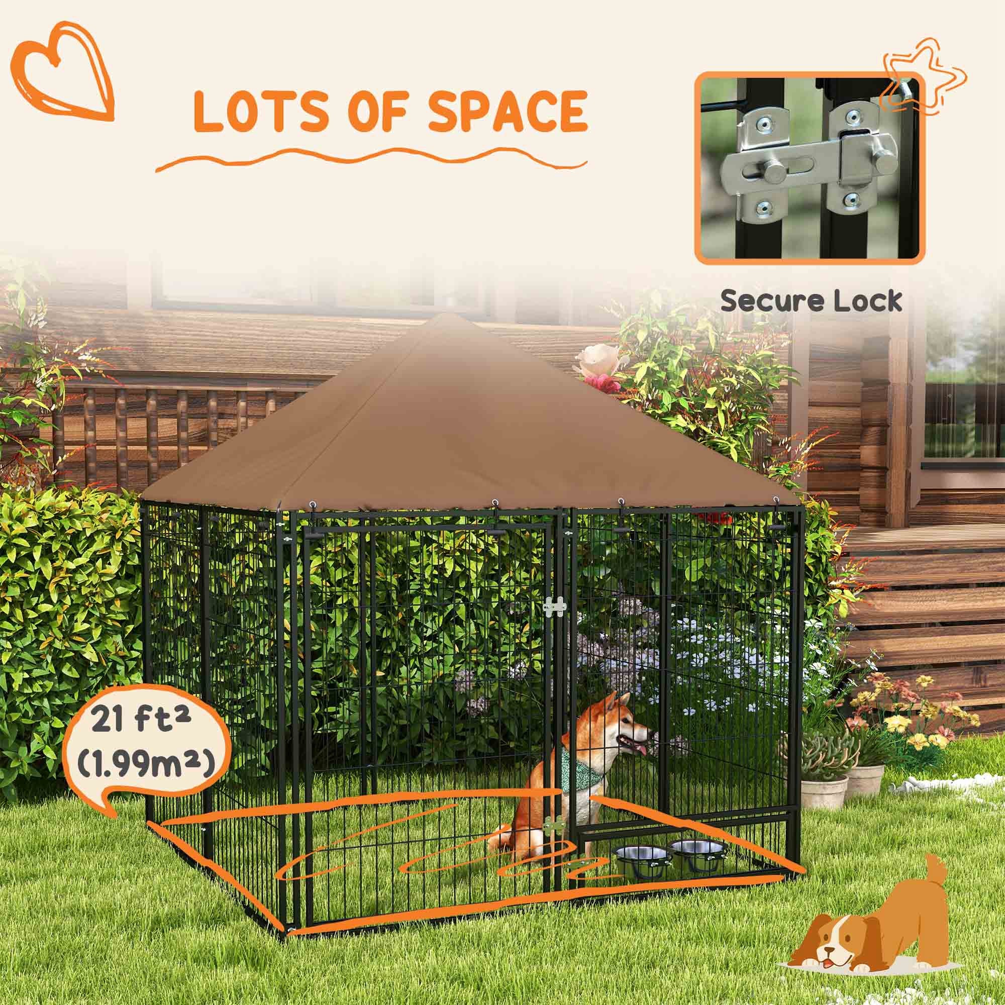 PawHut Large Dog Run, 4.6' x 4.6' x 5' Outdoor Dog Kennel with Canopy, Rotating Bowls, Door for Backyard & Garden, Coffee