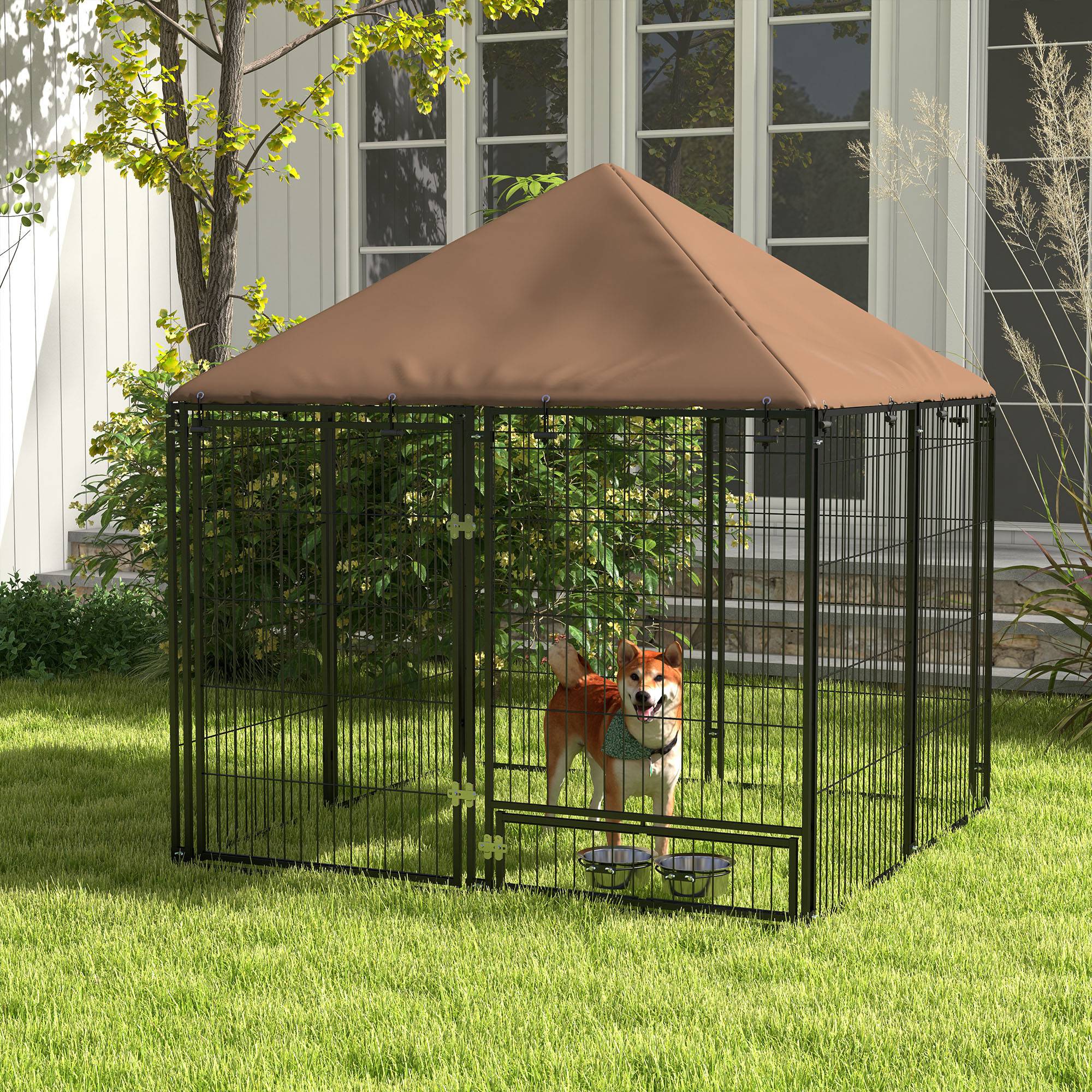 PawHut Large Dog Run, 4.6' x 4.6' x 5' Outdoor Dog Kennel with Canopy, Rotating Bowls, Door for Backyard & Garden, Coffee