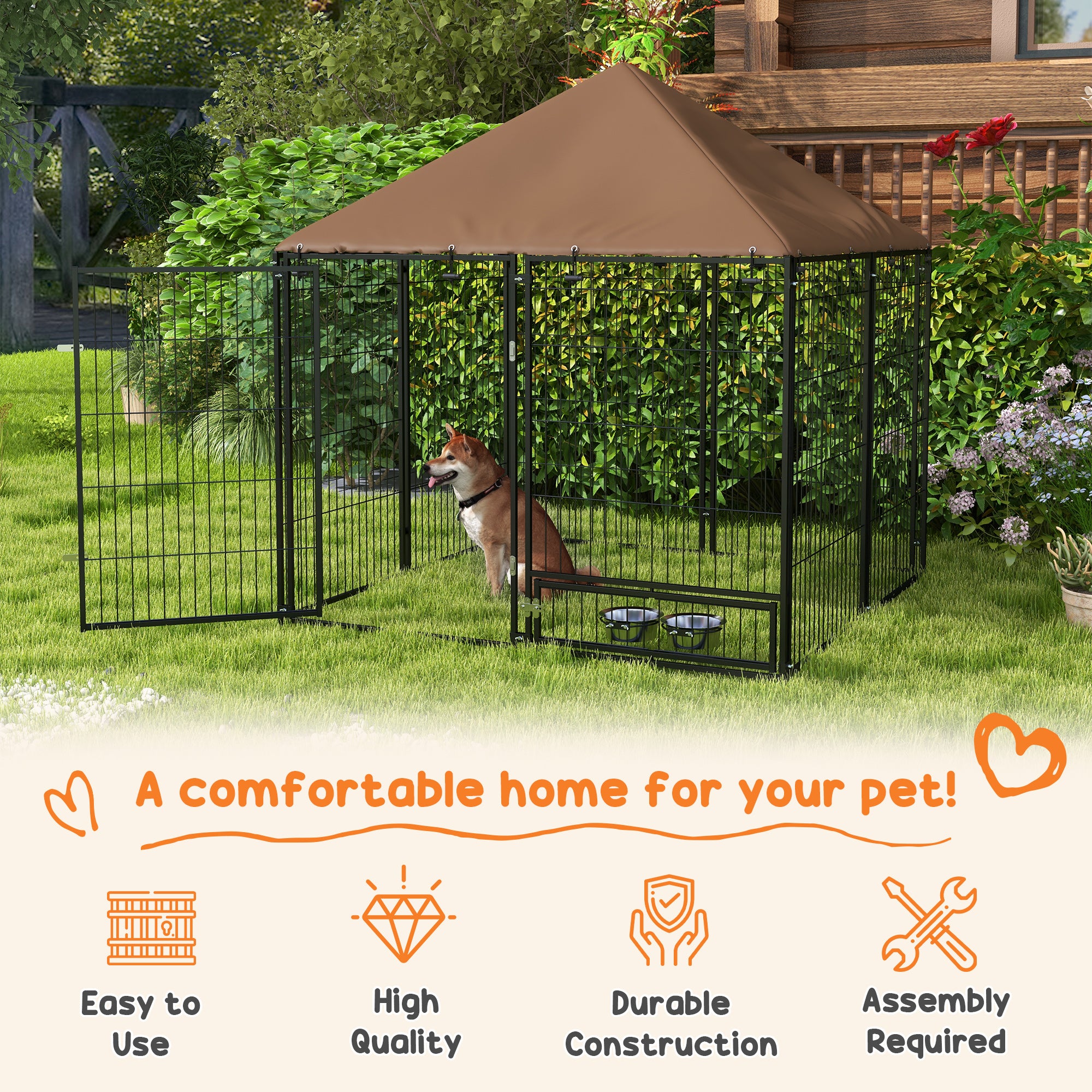 PawHut Large Dog Run, 4.6' x 4.6' x 5' Outdoor Dog Kennel with Canopy, Rotating Bowls, Door for Backyard & Garden, Coffee
