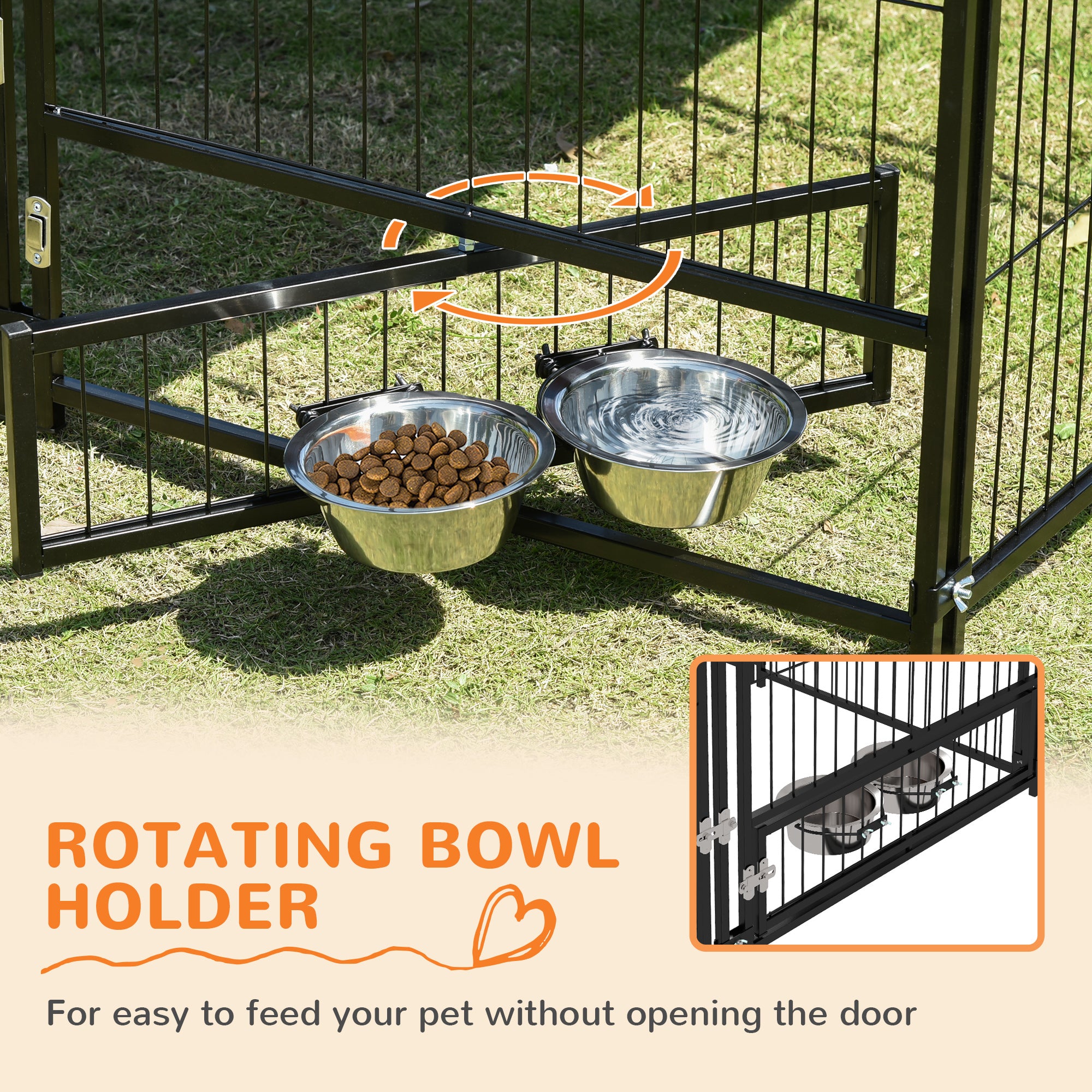 PawHut Large Dog Run, 4.6' x 4.6' x 5' Outdoor Dog Kennel with Canopy, Rotating Bowls, Door for Backyard & Garden, Coffee