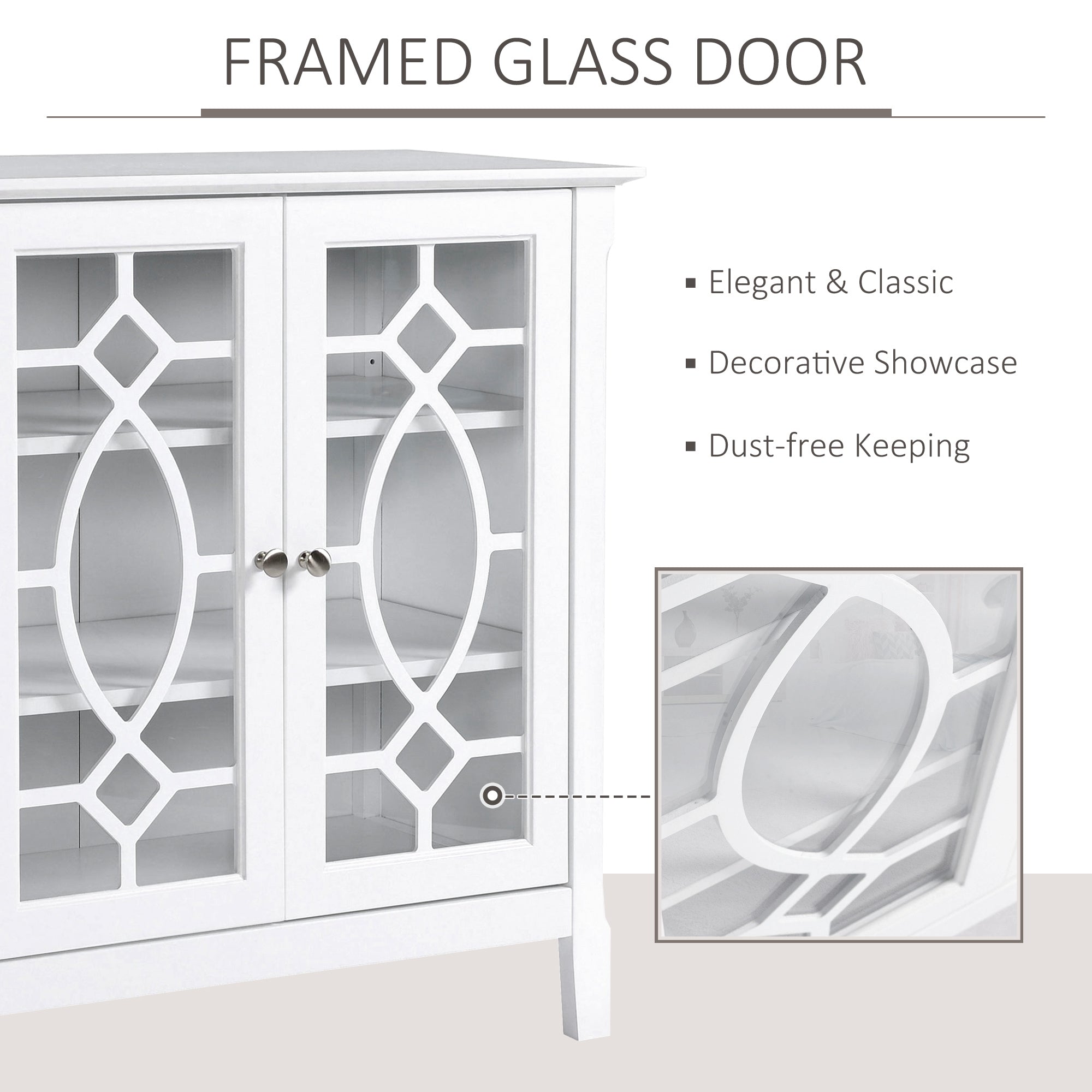 HOMCOM Sideboard Display Cabinet with Double Framed Glass Doors, 2 Adjustable Shelves, and Elevated Base, White