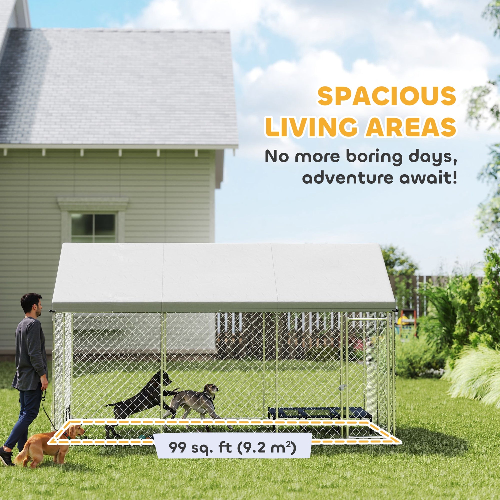 PawHut Outdoor Dog Kennel with Roof, Heavy Duty Galvanized Steel Dog Run Chain Link w/ Waterproof UV-Resistant Cover, Safety Lockable Latch System, 13.1' x 7.5' x 7.8