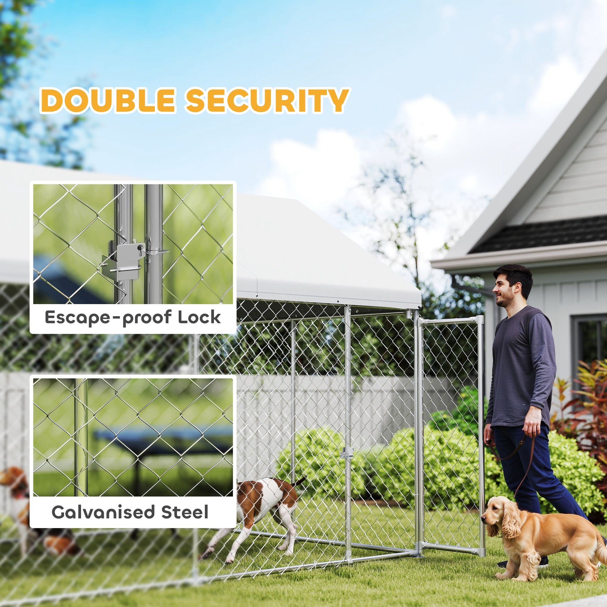 PawHut Outdoor Dog Kennel with Roof, Heavy Duty Galvanized Steel Dog Run Chain Link w/ Waterproof UV-Resistant Cover, Safety Lockable Latch System, 13.1' x 7.5' x 7.8