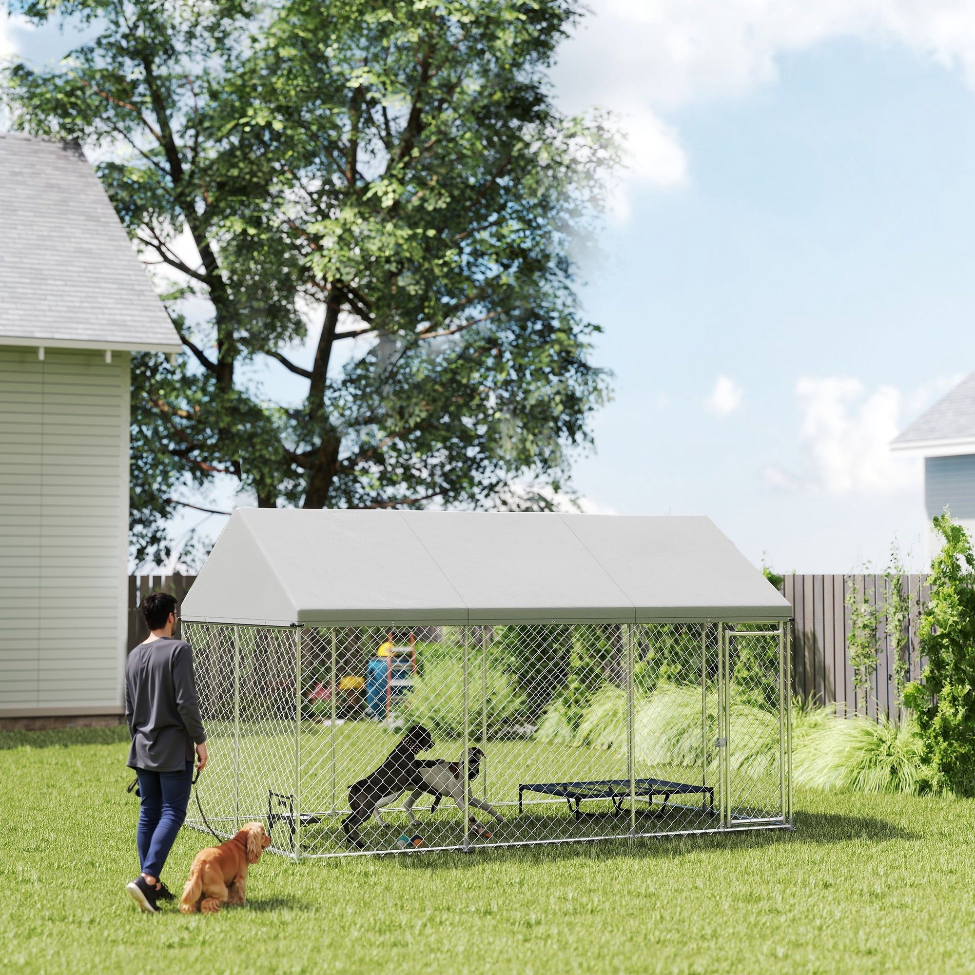 PawHut Outdoor Dog Kennel with Roof, Heavy Duty Galvanized Steel Dog Run Chain Link w/ Waterproof UV-Resistant Cover, Safety Lockable Latch System, 13.1' x 7.5' x 7.8