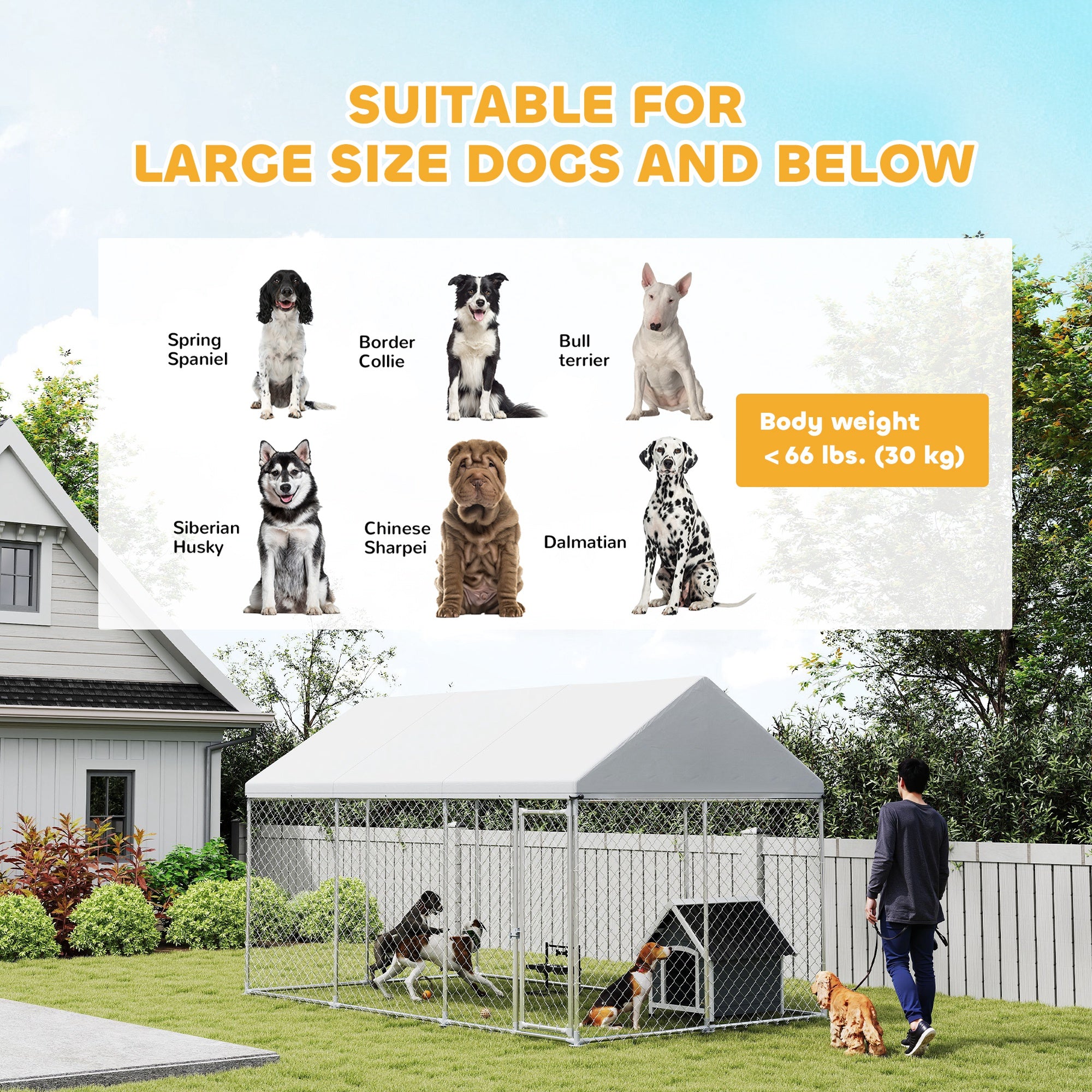 PawHut Outdoor Dog Kennel with Roof, Heavy Duty Galvanized Steel Dog Run Chain Link w/ Waterproof UV-Resistant Cover, Safety Lockable Latch System, 13.1' x 7.5' x 7.8