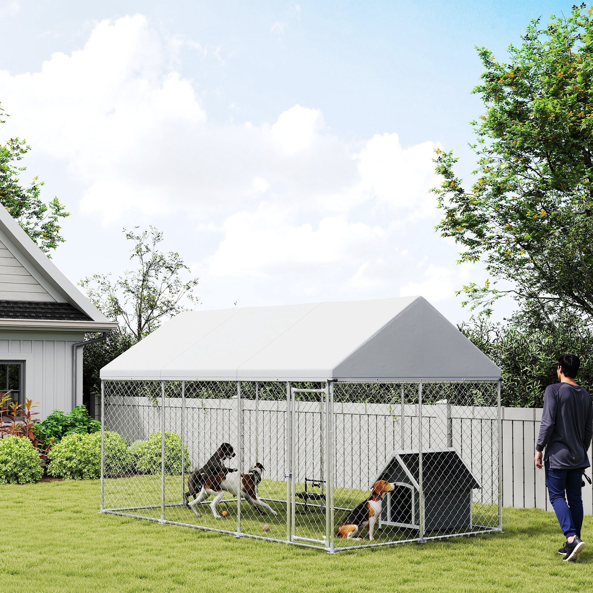 PawHut Outdoor Dog Kennel with Roof, Heavy Duty Galvanized Steel Dog Run Chain Link w/ Waterproof UV-Resistant Cover, Safety Lockable Latch System, 13.1' x 7.5' x 7.8