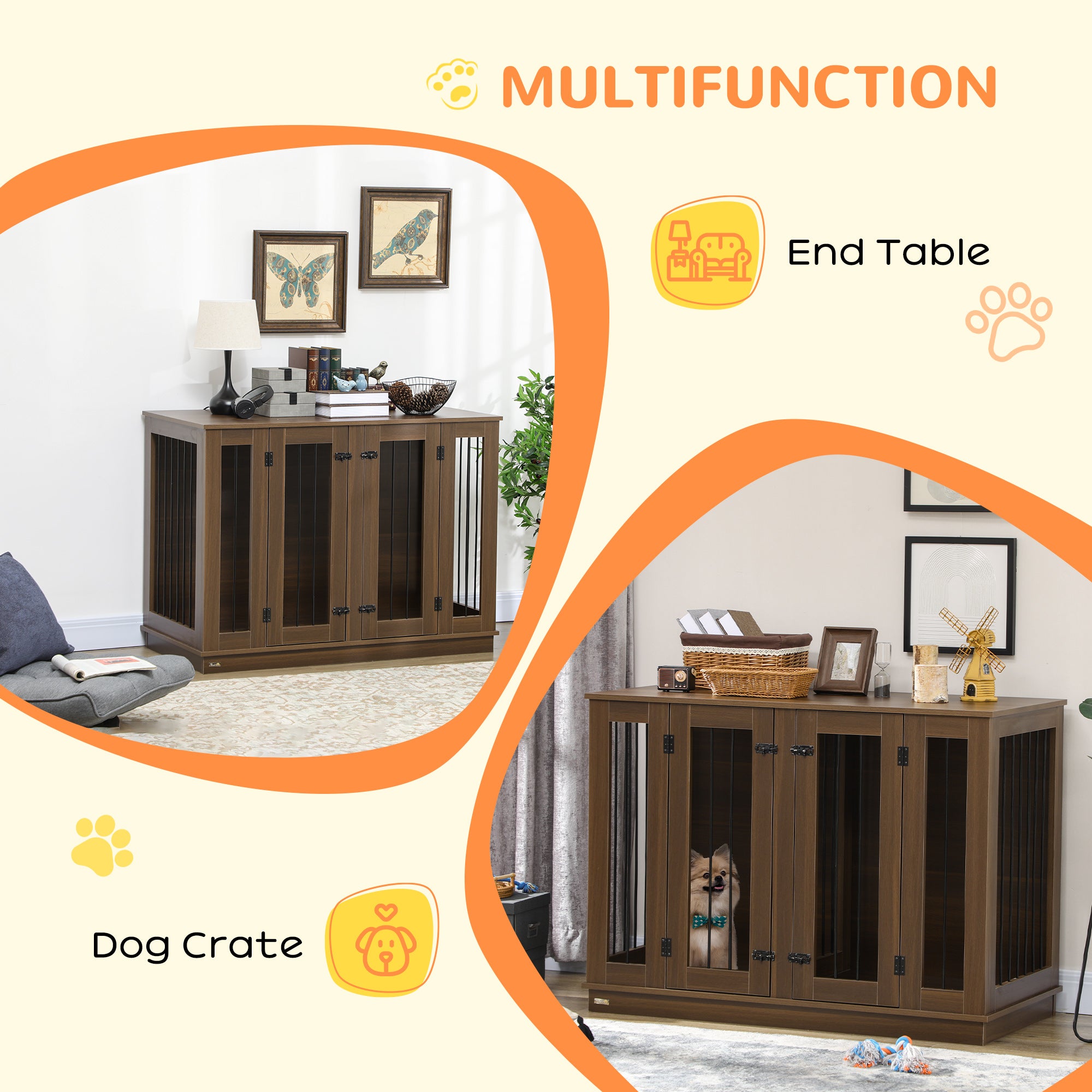 PawHut Furniture Style Dog Crate with Removable Divider, Dog Crate Side End Table Indoor with Double Doors, for Small to Large Dogs, 47" x 23.5" x 35", Walnut