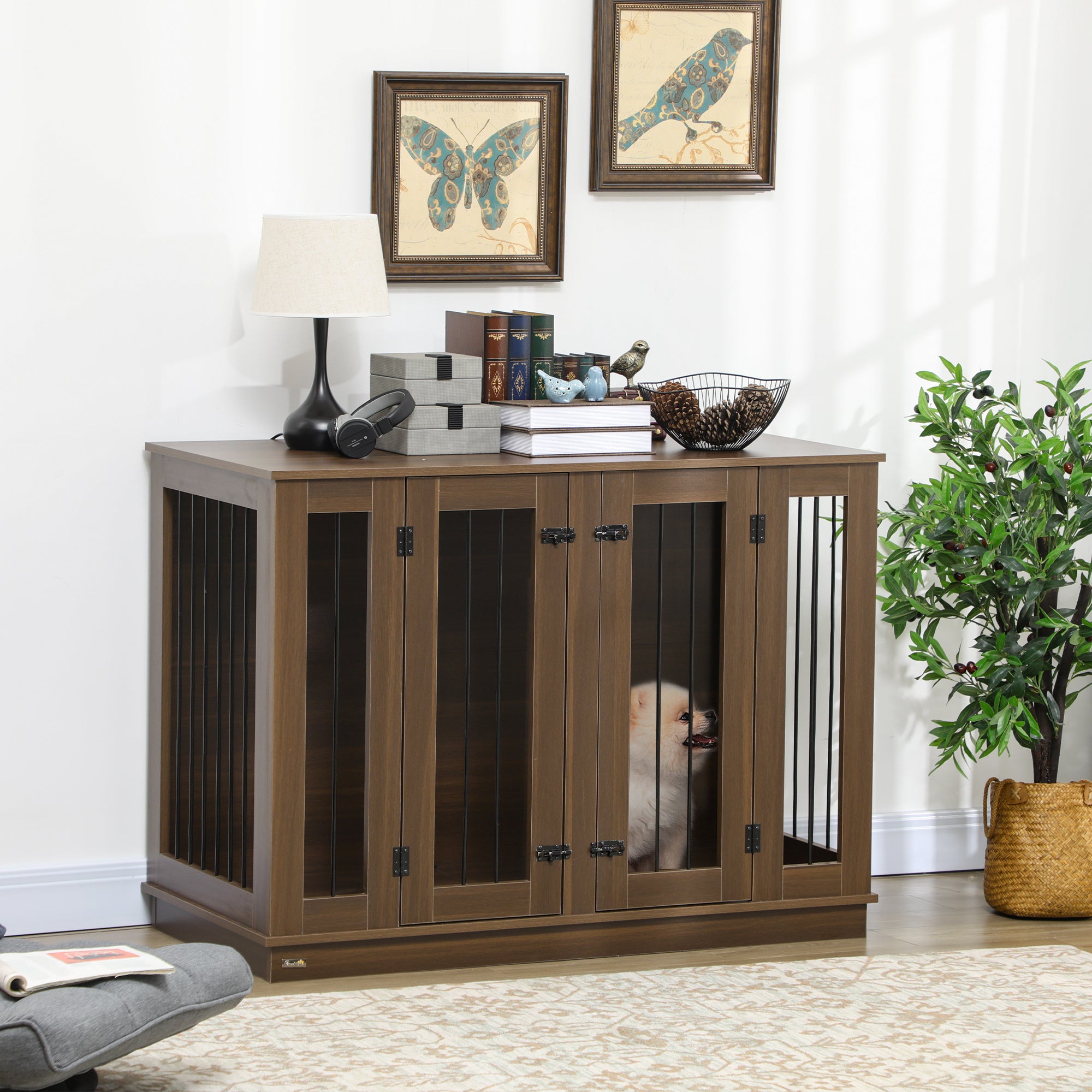 PawHut Furniture Style Dog Crate with Removable Divider, Dog Crate Side End Table Indoor with Double Doors, for Small to Large Dogs, 47" x 23.5" x 35", Walnut