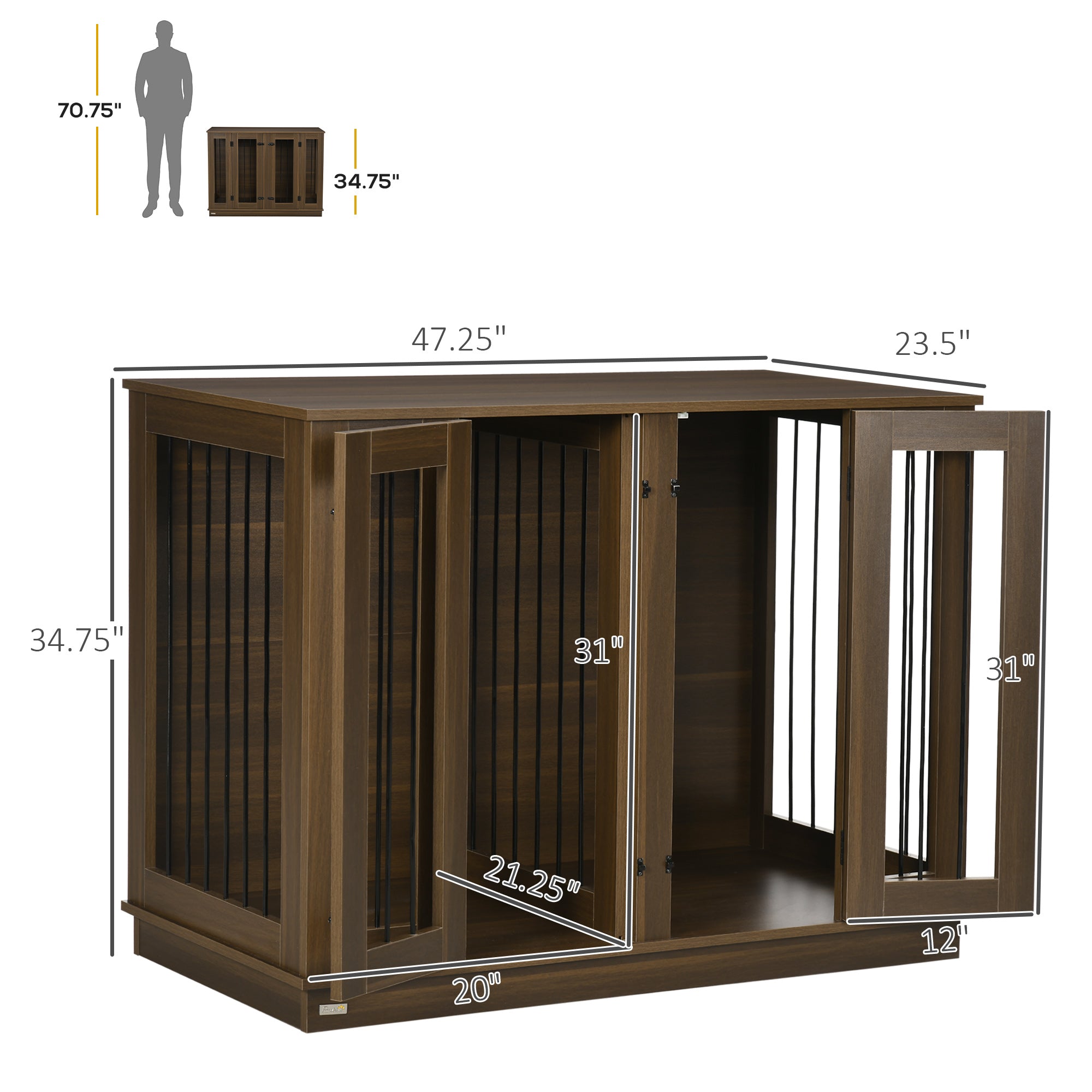 PawHut Furniture Style Dog Crate with Removable Divider, Dog Crate Side End Table Indoor with Double Doors, for Small to Large Dogs, 47" x 23.5" x 35", Walnut
