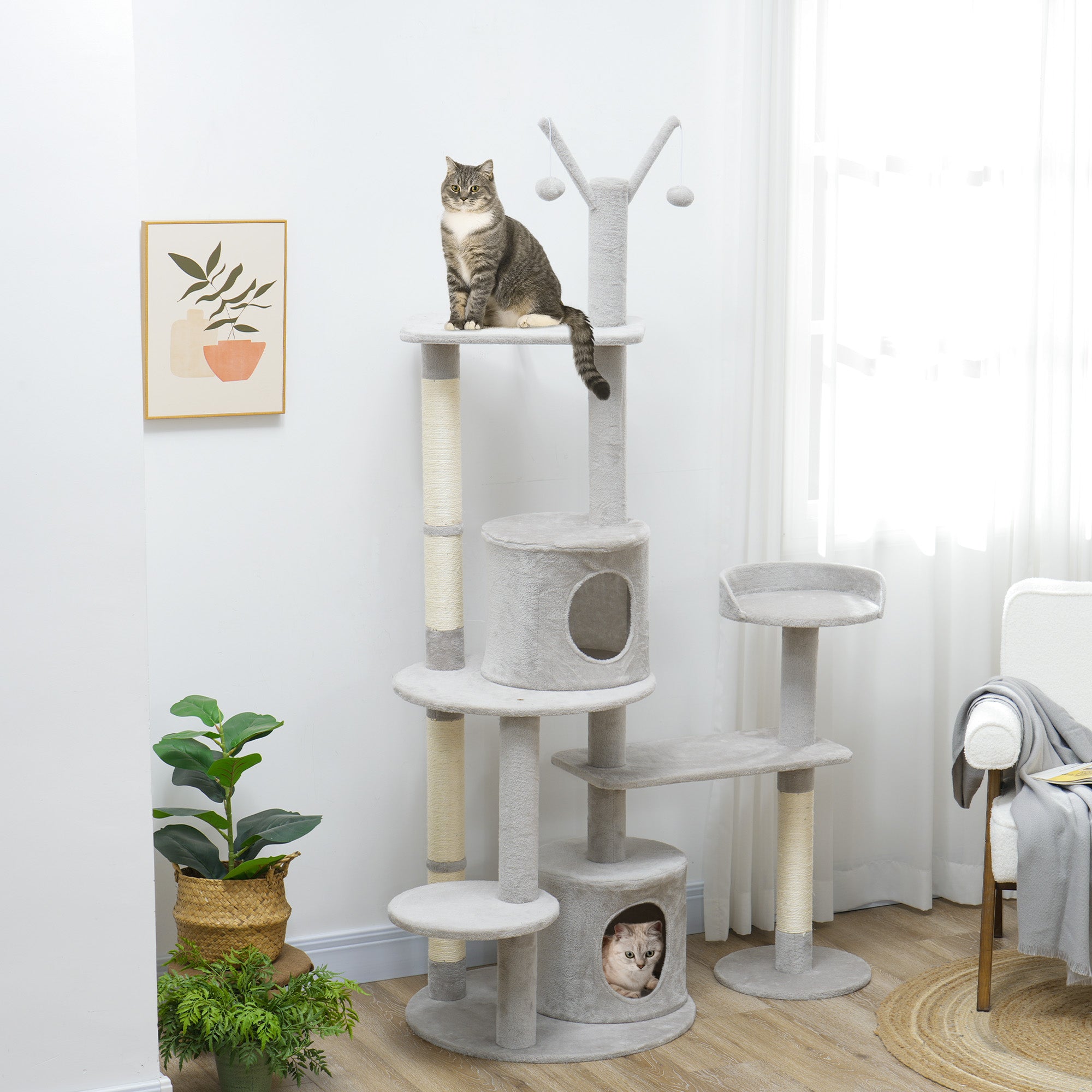 PawHut 73.5" Tall Cat Tree, Multi-Level Cat Tower for Indoor Cats with Scratching Posts, Cat Condos, Bed, Platforms, Toy Balls, Cat Activity Center, Light Grey