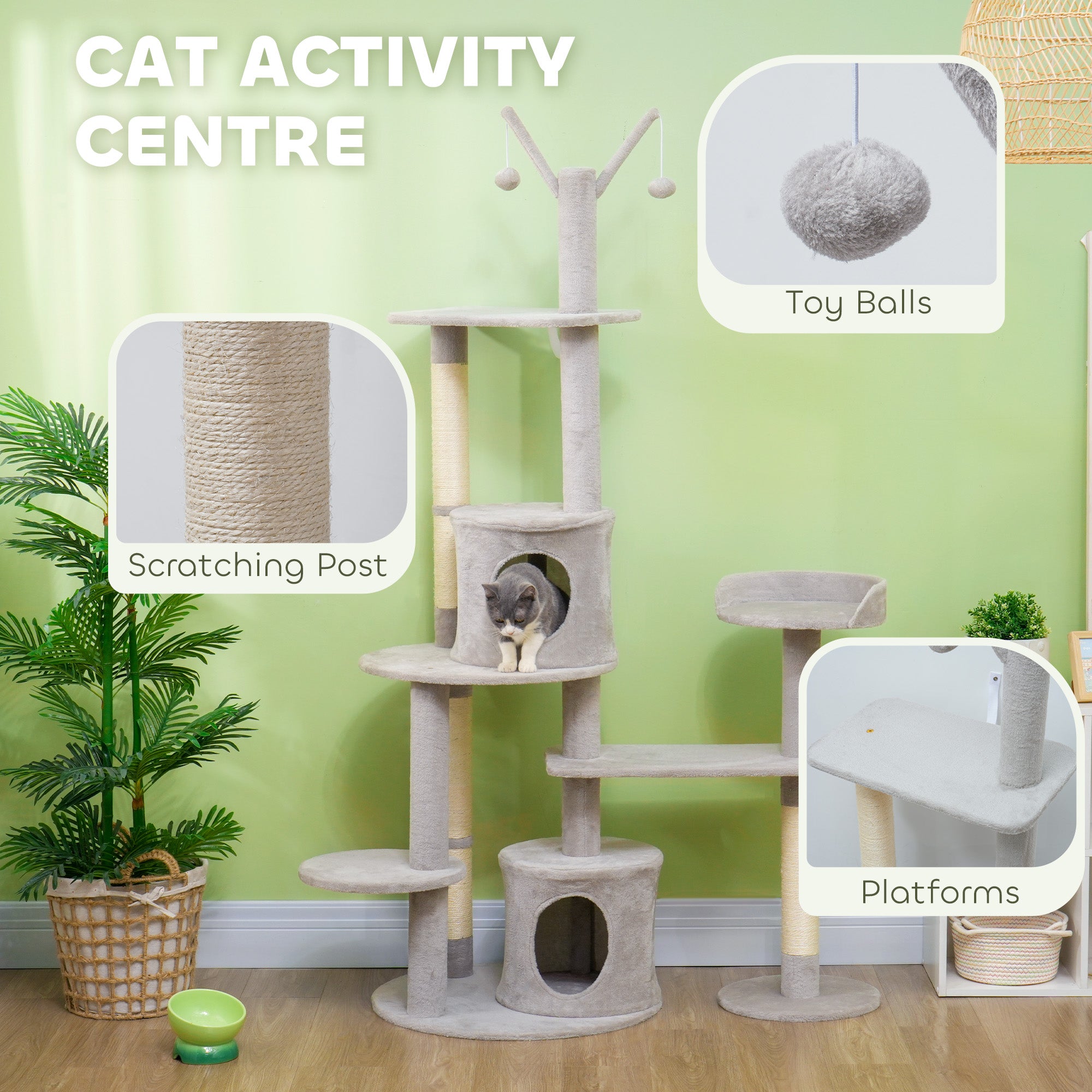 PawHut 73.5" Tall Cat Tree, Multi-Level Cat Tower for Indoor Cats with Scratching Posts, Cat Condos, Bed, Platforms, Toy Balls, Cat Activity Center, Light Grey
