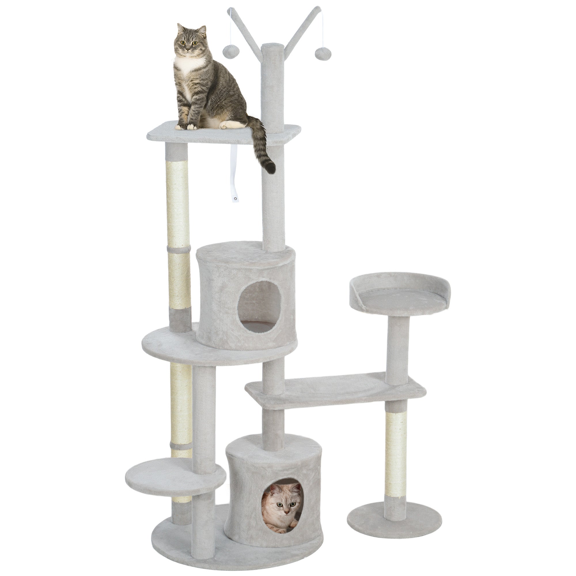 PawHut 73.5" Tall Cat Tree, Multi-Level Cat Tower for Indoor Cats with Scratching Posts, Cat Condos, Bed, Platforms, Toy Balls, Cat Activity Center, Light Grey