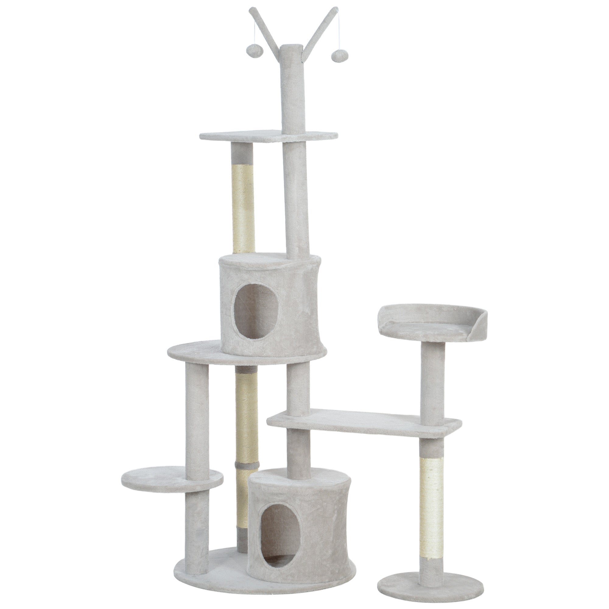 PawHut 73.5" Tall Cat Tree, Multi-Level Cat Tower for Indoor Cats with Scratching Posts, Cat Condos, Bed, Platforms, Toy Balls, Cat Activity Center, Light Grey