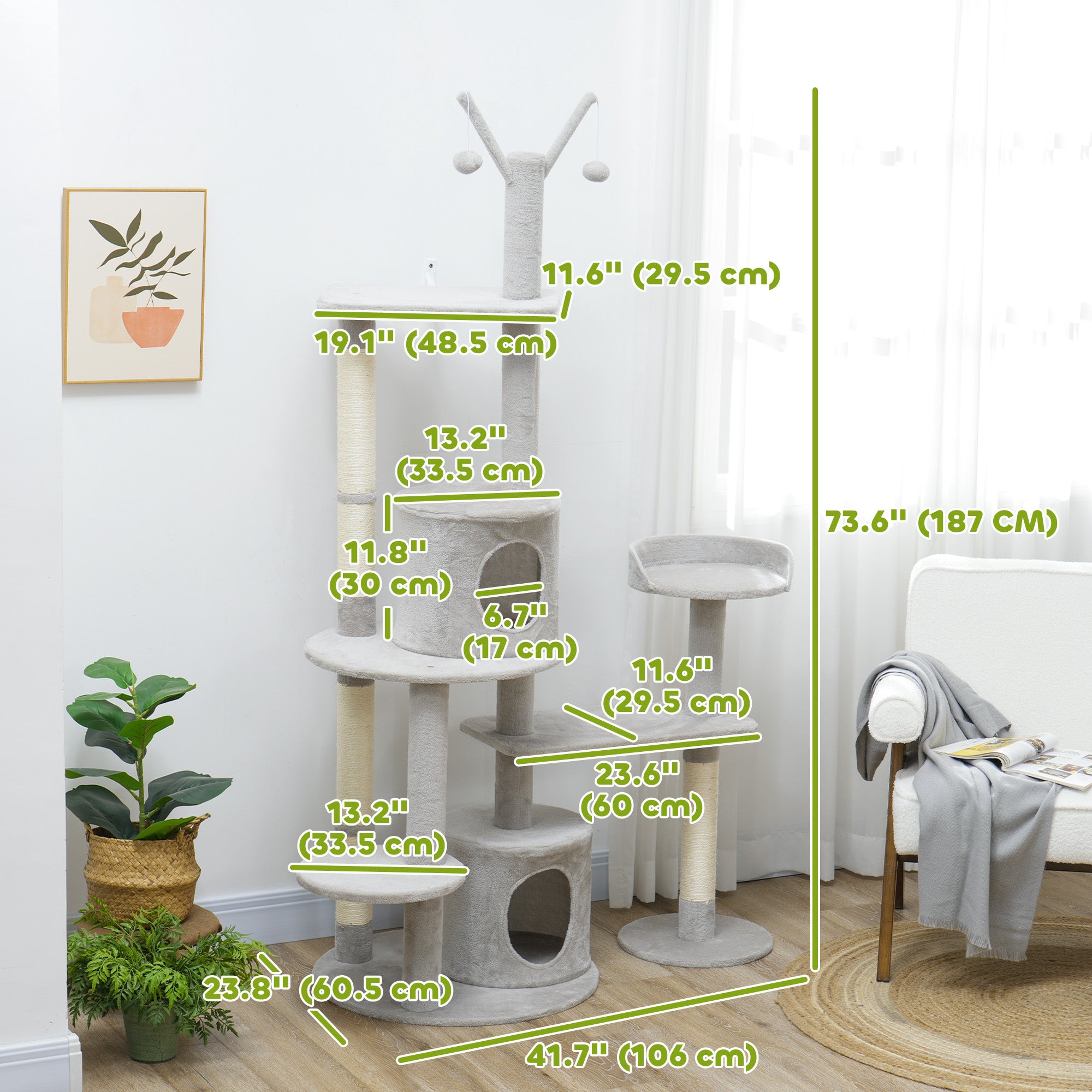 PawHut 73.5" Tall Cat Tree, Multi-Level Cat Tower for Indoor Cats with Scratching Posts, Cat Condos, Bed, Platforms, Toy Balls, Cat Activity Center, Light Grey