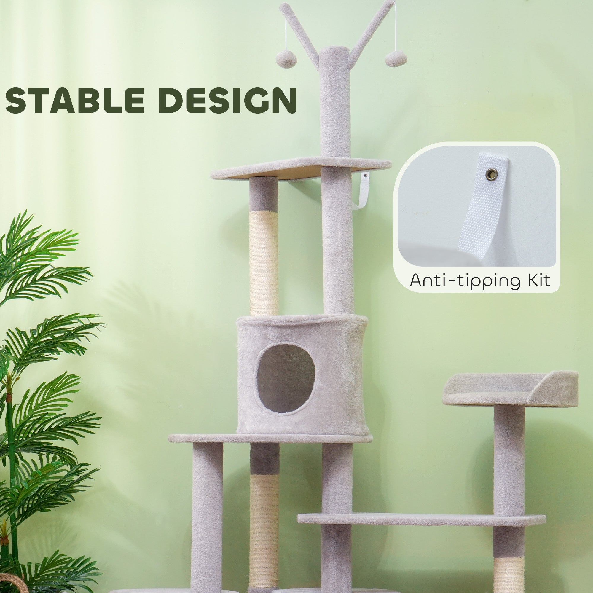 PawHut 73.5" Tall Cat Tree, Multi-Level Cat Tower for Indoor Cats with Scratching Posts, Cat Condos, Bed, Platforms, Toy Balls, Cat Activity Center, Light Grey