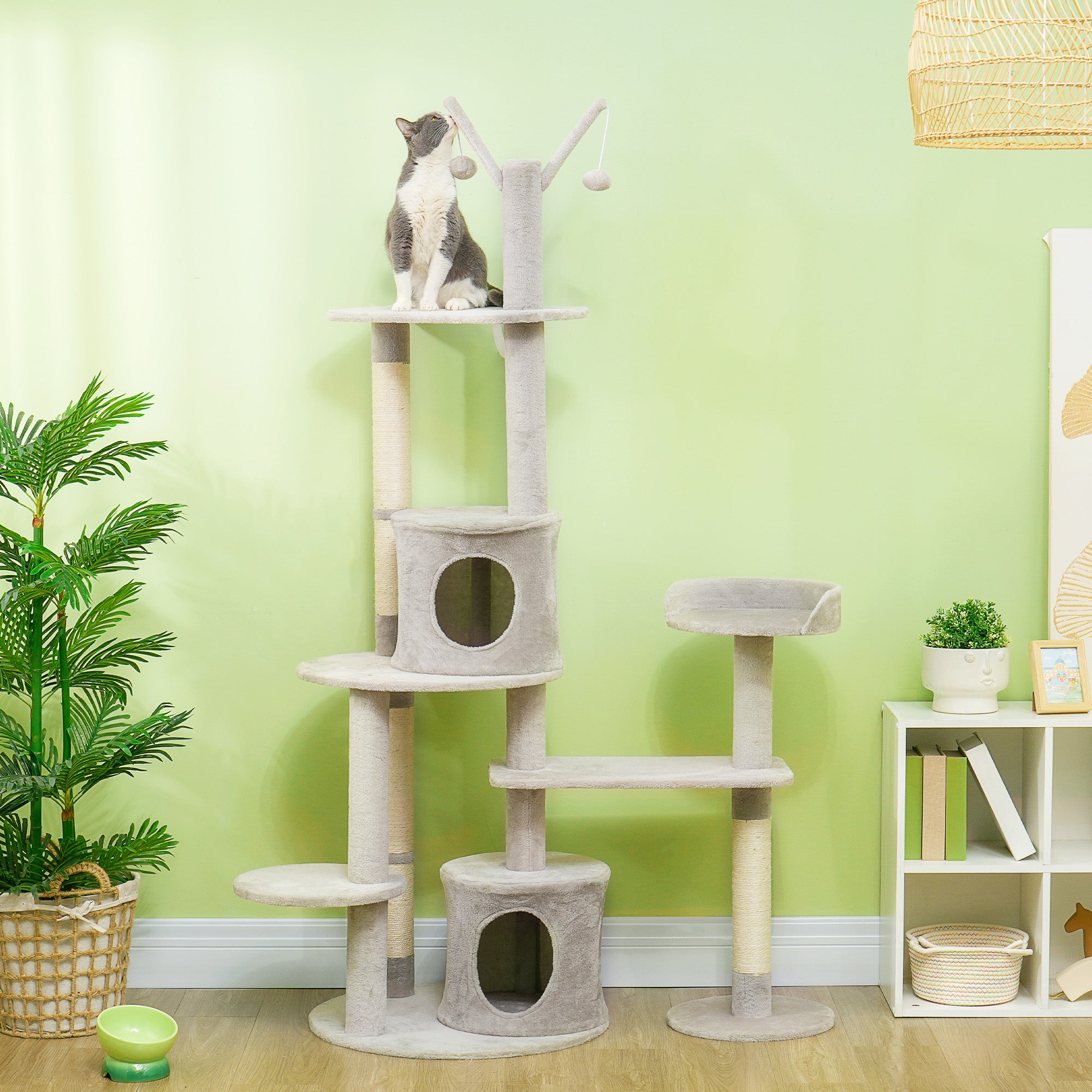 PawHut 73.5" Tall Cat Tree, Multi-Level Cat Tower for Indoor Cats with Scratching Posts, Cat Condos, Bed, Platforms, Toy Balls, Cat Activity Center, Light Grey