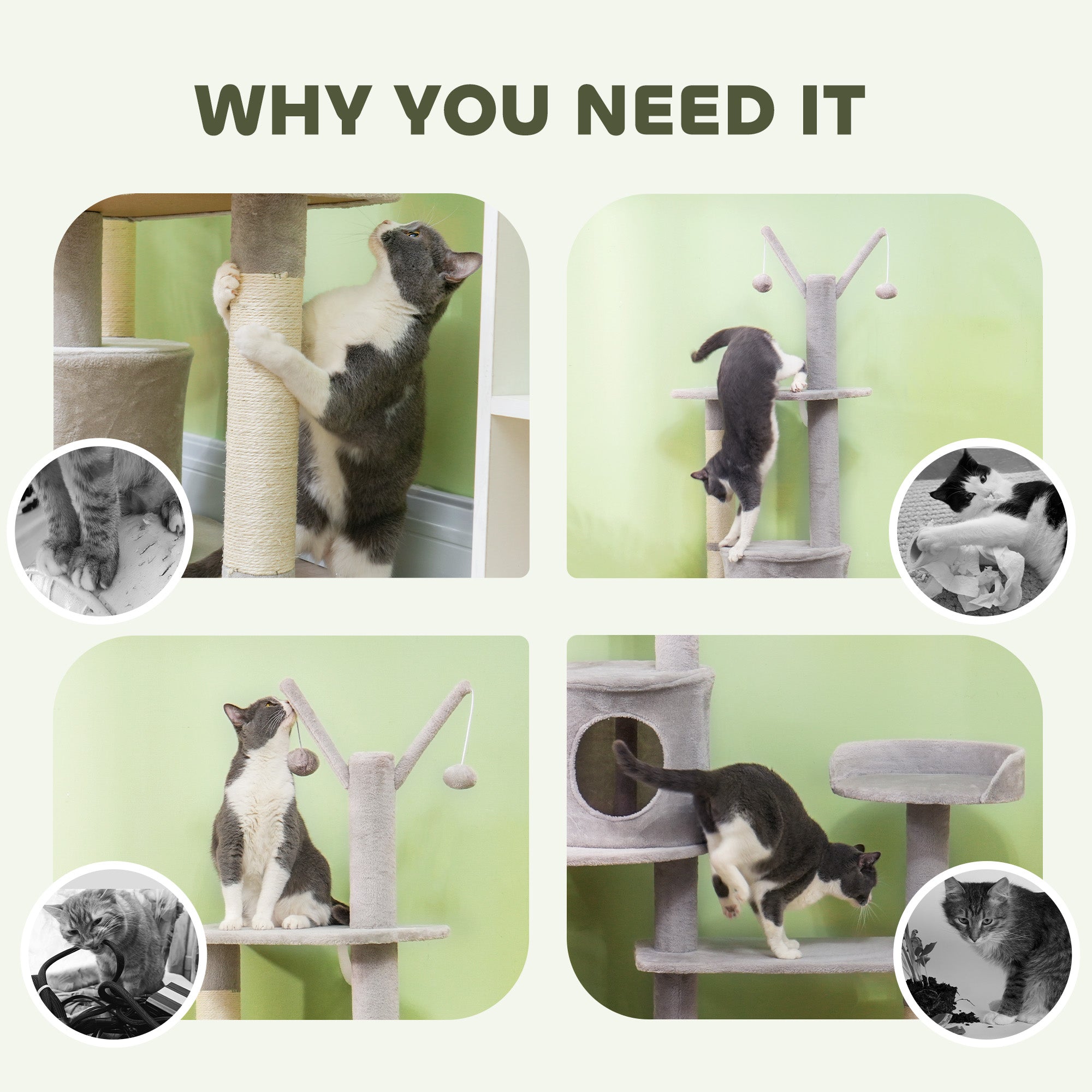 PawHut 73.5" Tall Cat Tree, Multi-Level Cat Tower for Indoor Cats with Scratching Posts, Cat Condos, Bed, Platforms, Toy Balls, Cat Activity Center, Light Grey