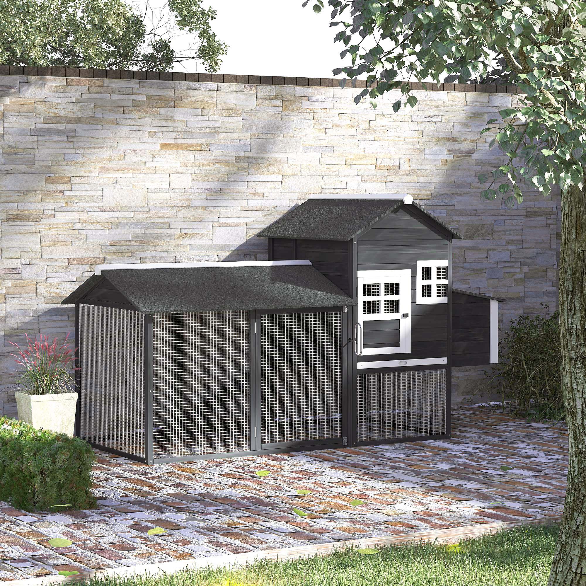 PawHut 84" Chicken Coop Wooden Hen House Rabbit Hutch Poultry Cage Pen Outdoor Backyard with Nesting Box and Run, Grey