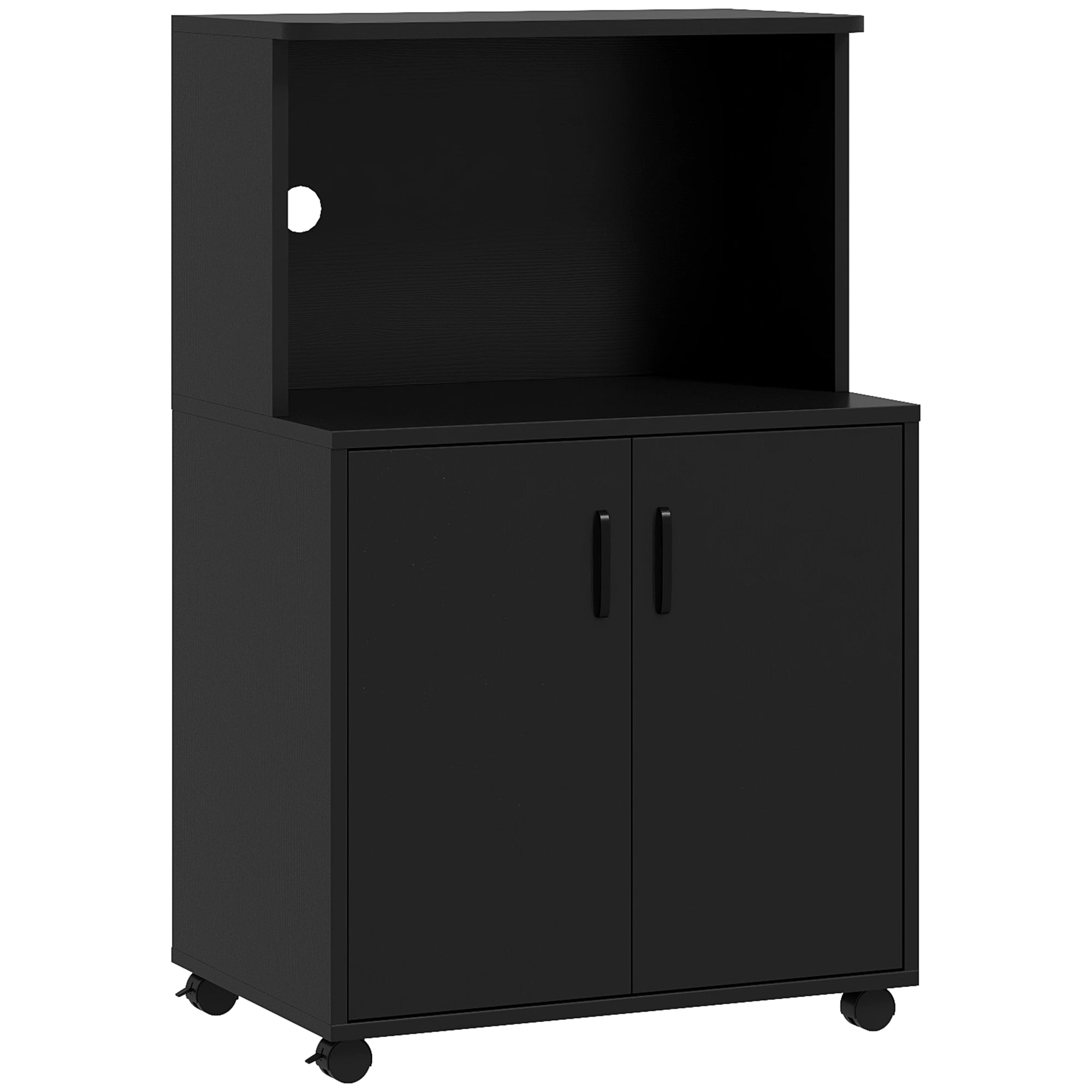 HOMCOM Microwave Cart on Wheels Utility Trolley Storage Sideboard Bookcase with 2-door Cabinet, Black Wood Grain