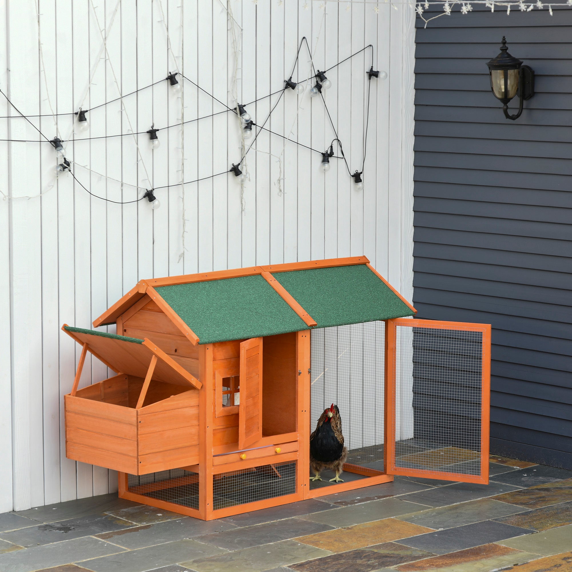 PawHut Chicken Coop with Run Poultry Coops Cages Hen House Small Animal Cage Nesting Box Asphalt Roof Outdoor 170 x 81 x 110cm