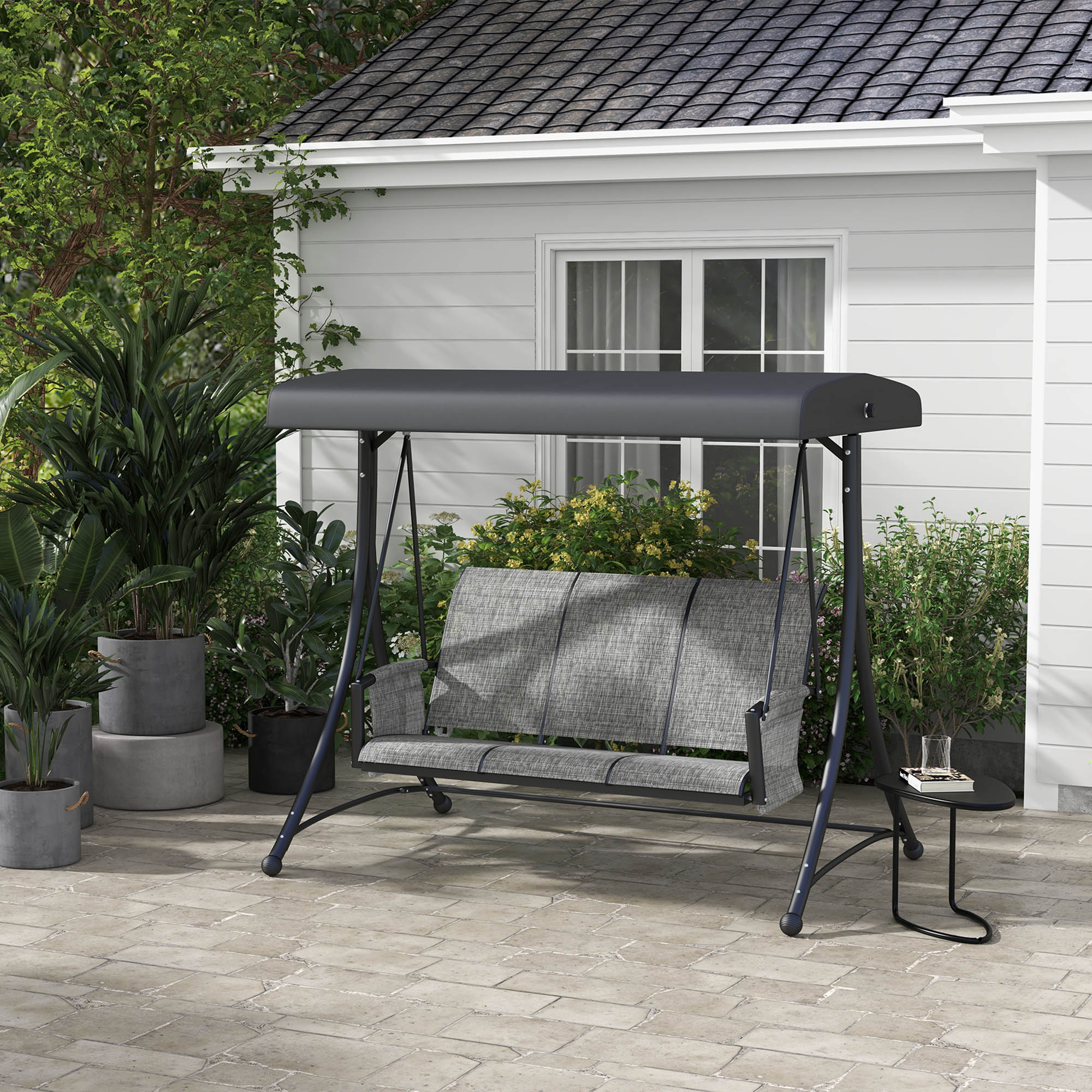 Outsunny 3 Person Porch Swing Outdoor Swing Chair with High Back Design, Side Pouches and Adjustable Canopy, Mixed Grey