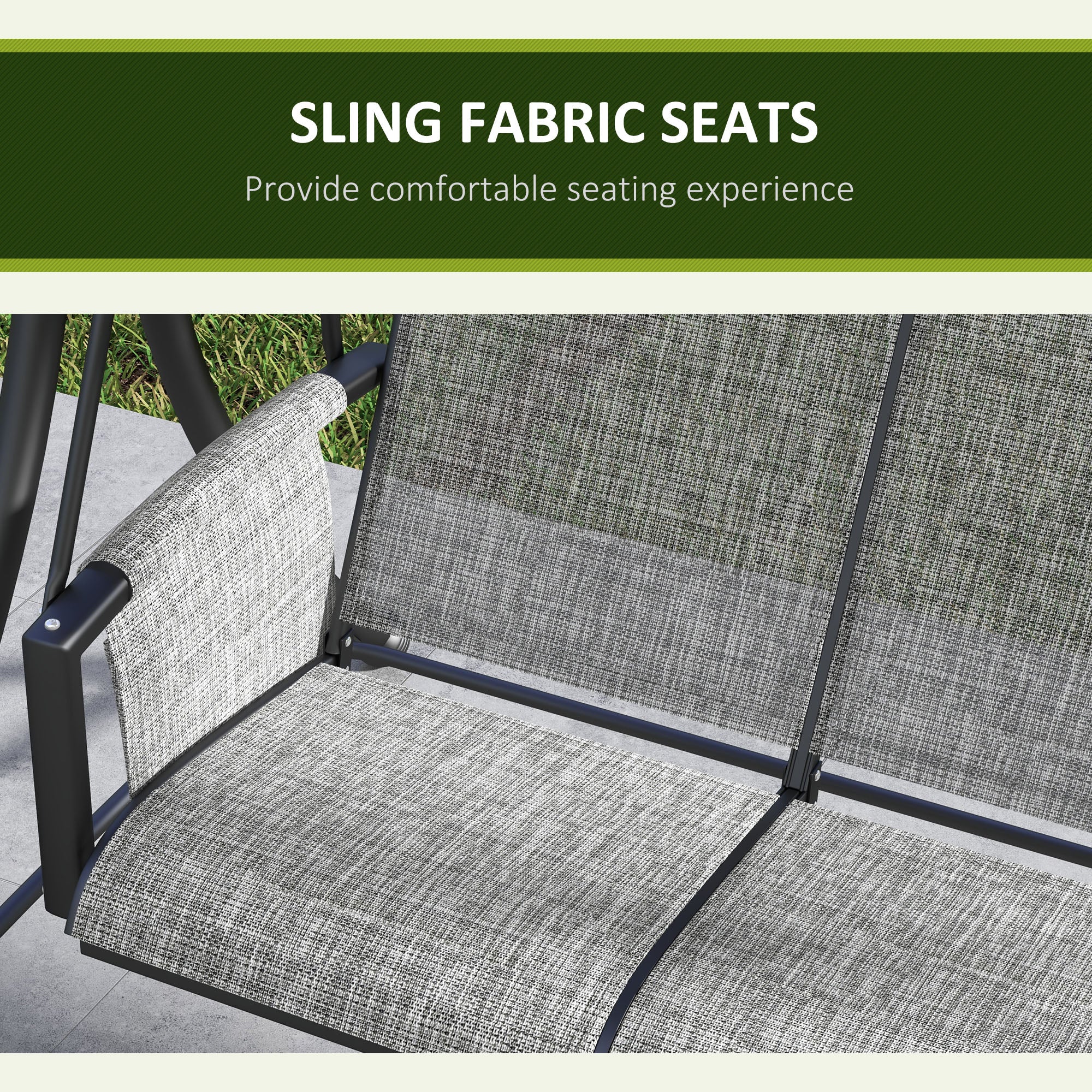 Outsunny 3 Person Porch Swing Outdoor Swing Chair with High Back Design, Side Pouches and Adjustable Canopy, Mixed Grey
