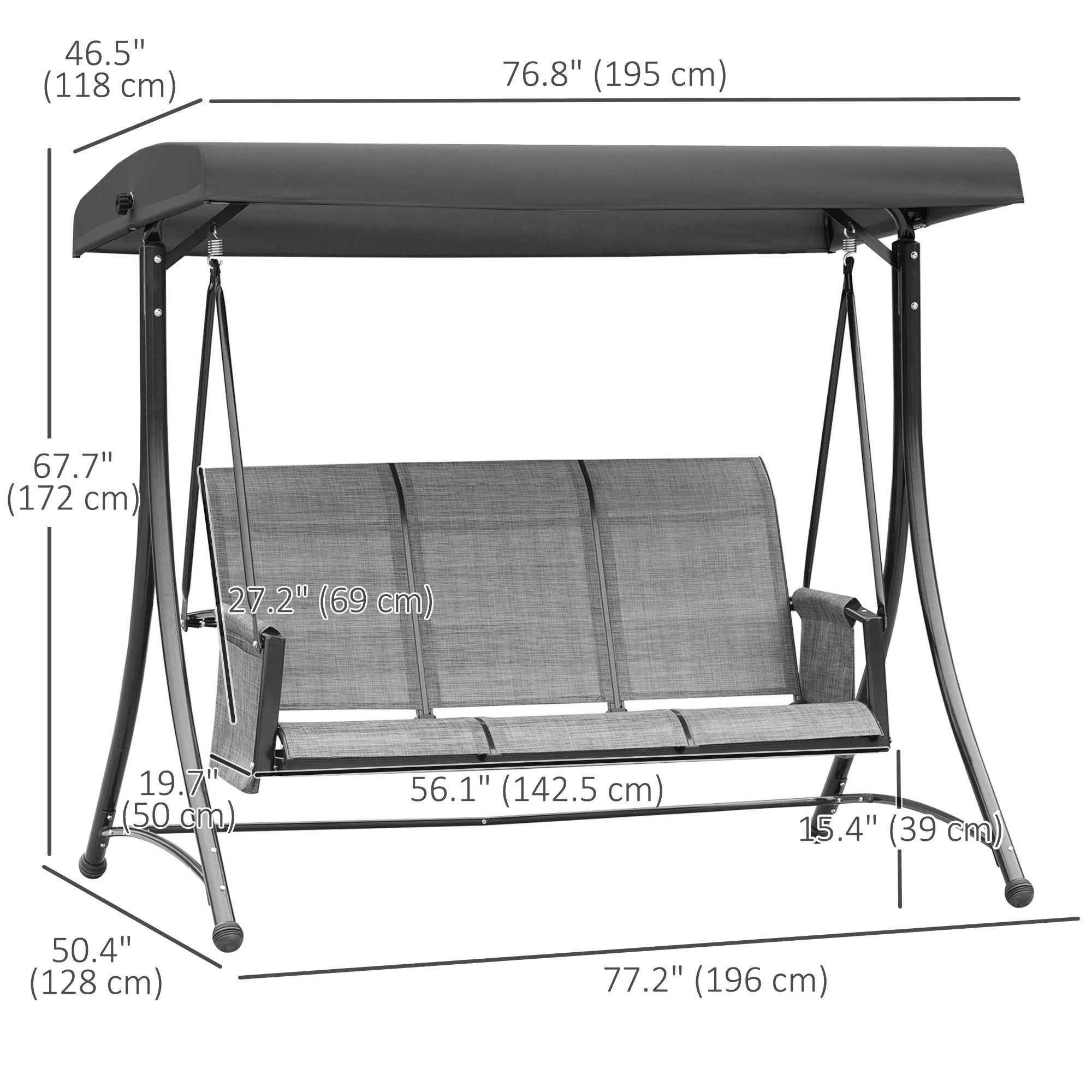 Outsunny 3 Person Porch Swing Outdoor Swing Chair with High Back Design, Side Pouches and Adjustable Canopy, Mixed Grey