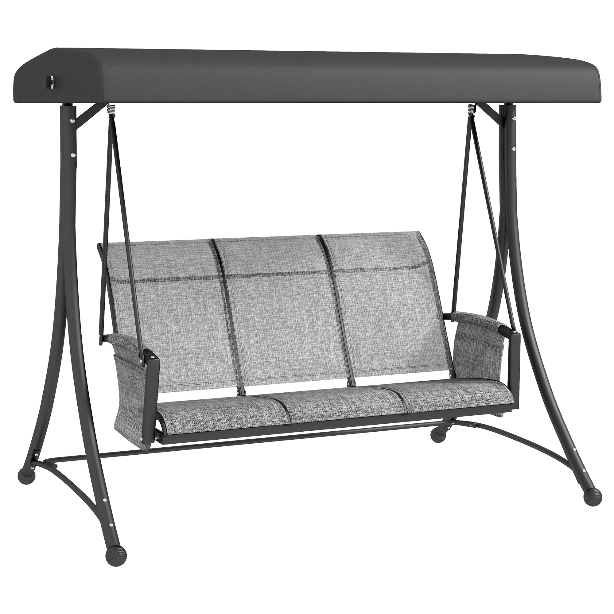 Outsunny 3 Person Porch Swing Outdoor Swing Chair with High Back Design, Side Pouches and Adjustable Canopy, Mixed Grey