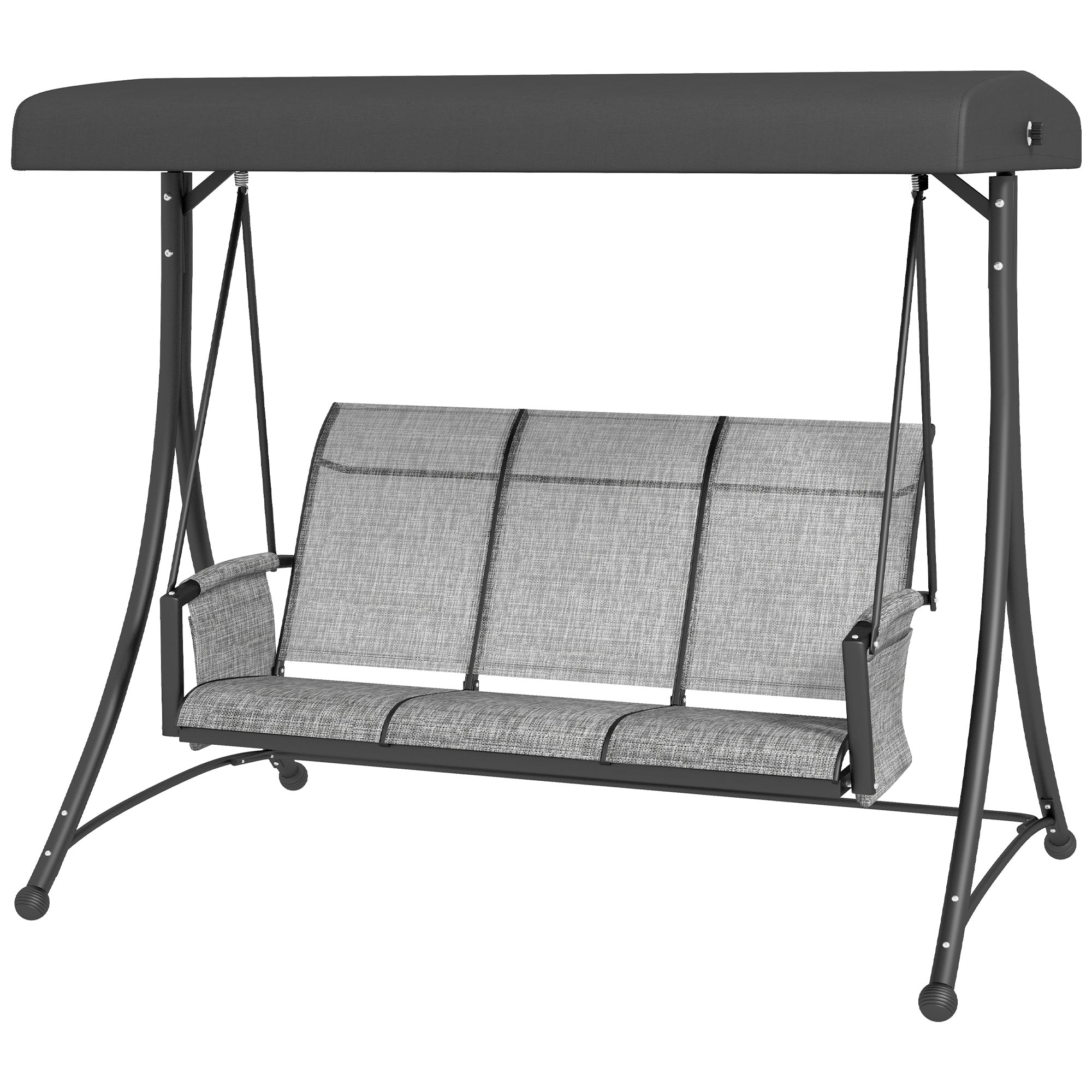Outsunny 3 Person Porch Swing Outdoor Swing Chair with High Back Design, Side Pouches and Adjustable Canopy, Mixed Grey