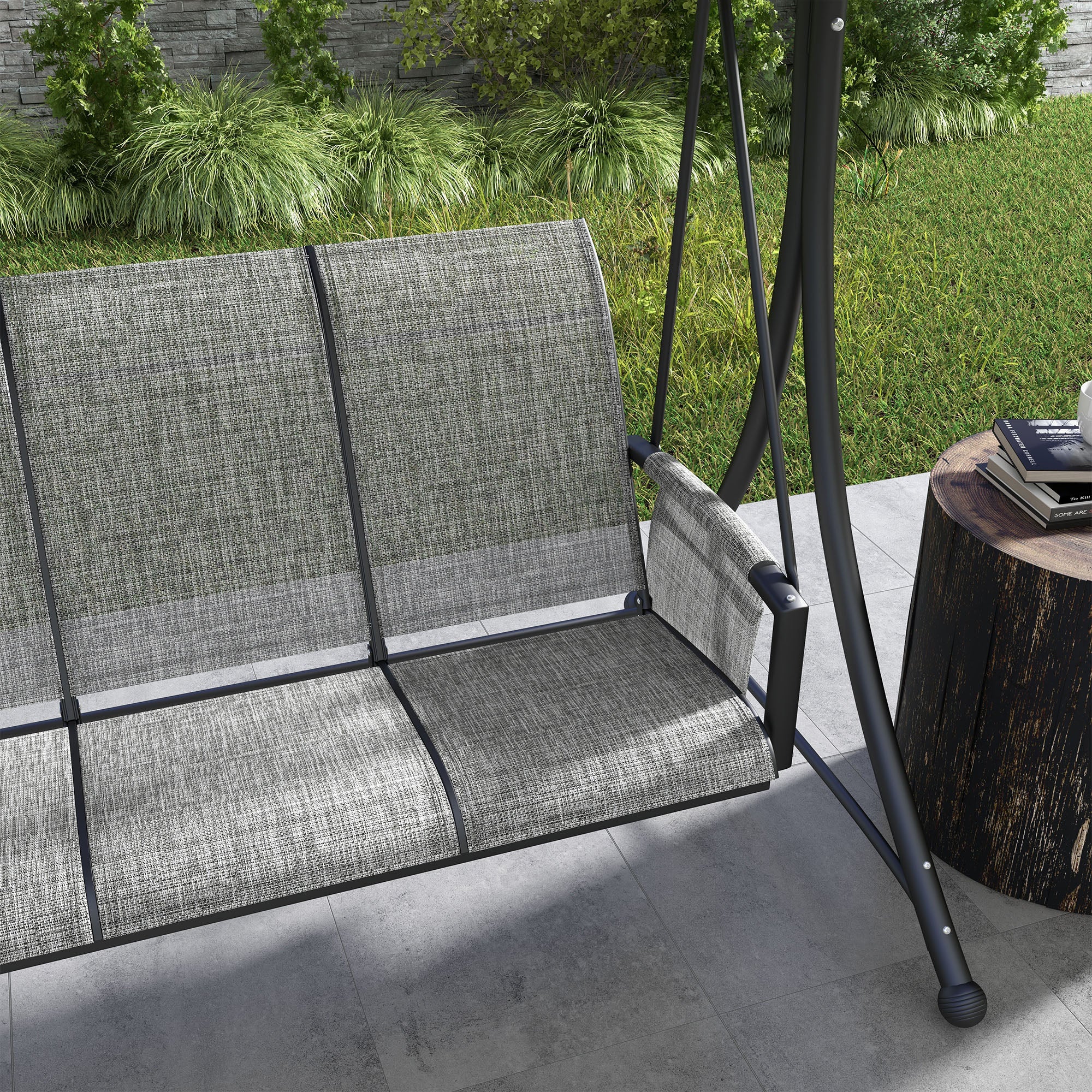 Outsunny 3 Person Porch Swing Outdoor Swing Chair with High Back Design, Side Pouches and Adjustable Canopy, Mixed Grey