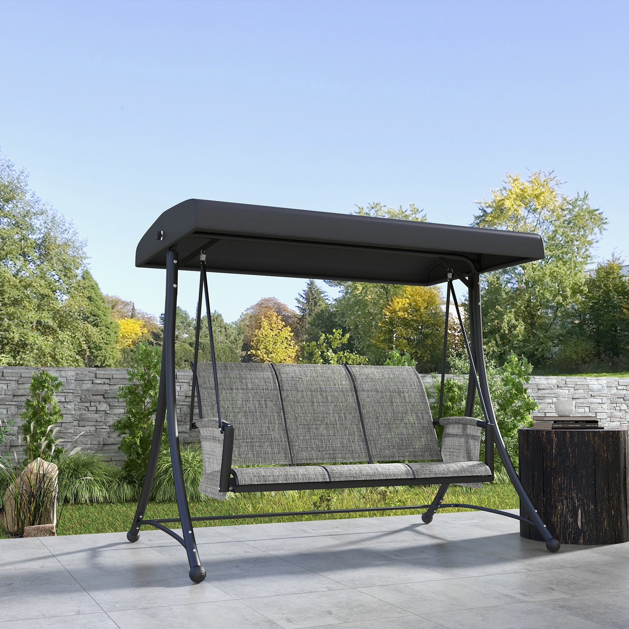 Outsunny 3 Person Porch Swing Outdoor Swing Chair with High Back Design, Side Pouches and Adjustable Canopy, Mixed Grey