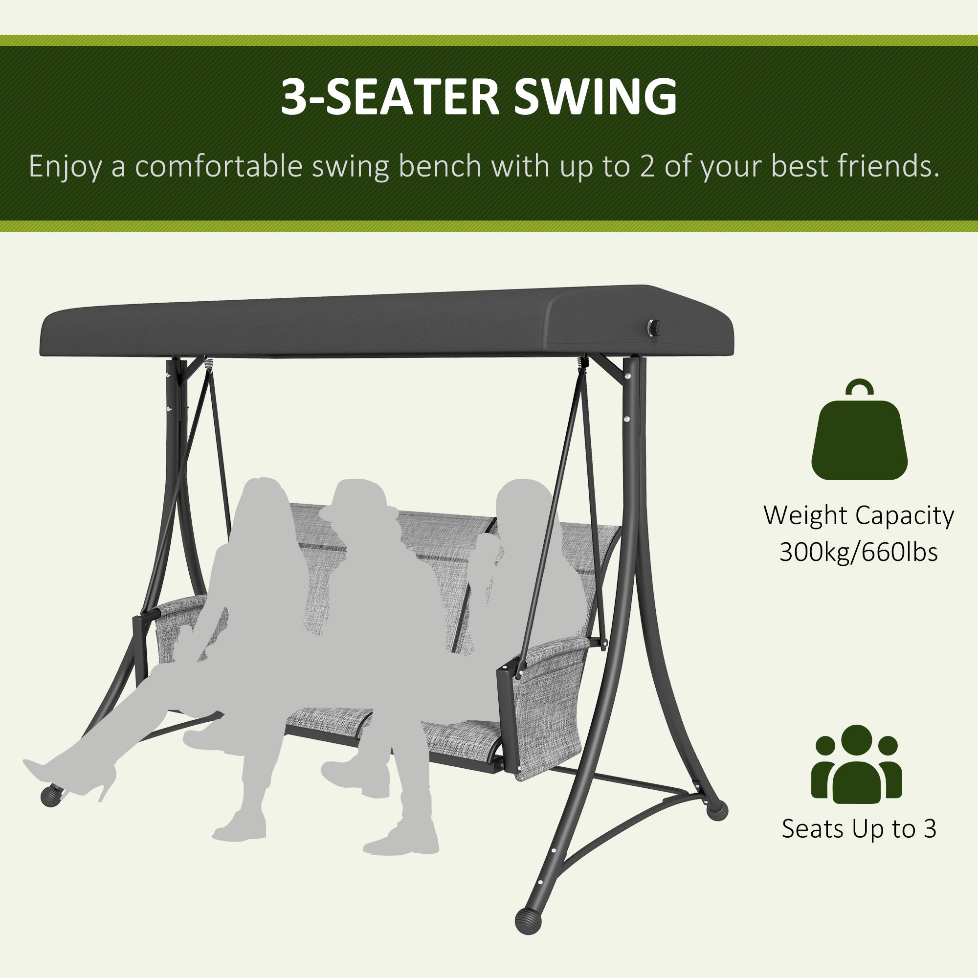 Outsunny 3 Person Porch Swing Outdoor Swing Chair with High Back Design, Side Pouches and Adjustable Canopy, Mixed Grey