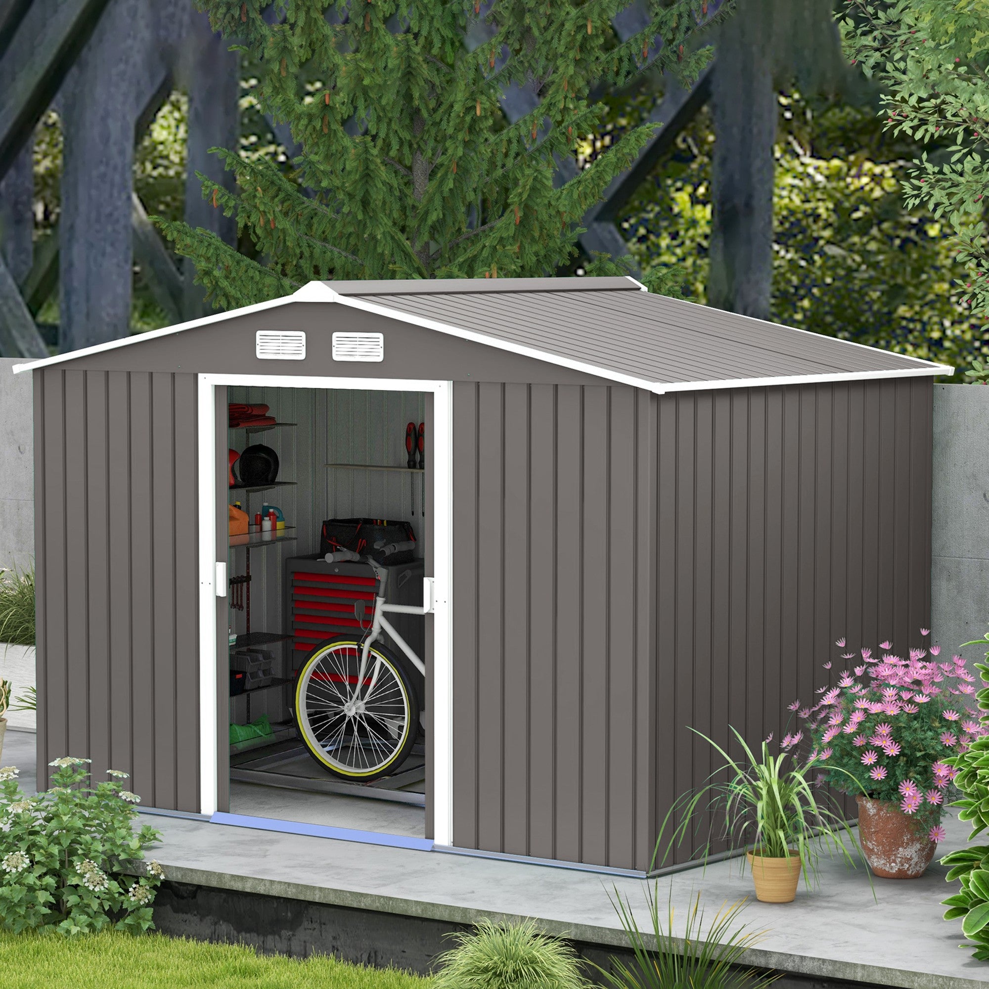 Outsunny 9' x 6' Garden Storage Shed with Foundation Kit, Metal Tool Storage House with Double Doors for Outdoor Patio Yard, Grey