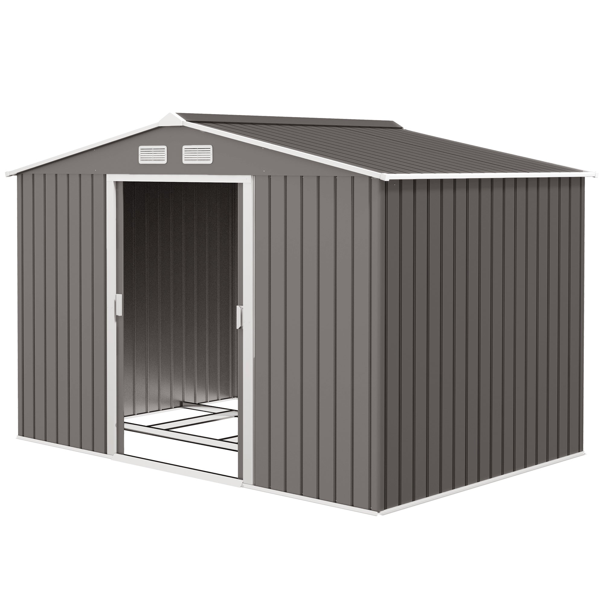 Outsunny 9' x 6' Garden Storage Shed with Foundation Kit, Metal Tool Storage House with Double Doors for Outdoor Patio Yard, Grey