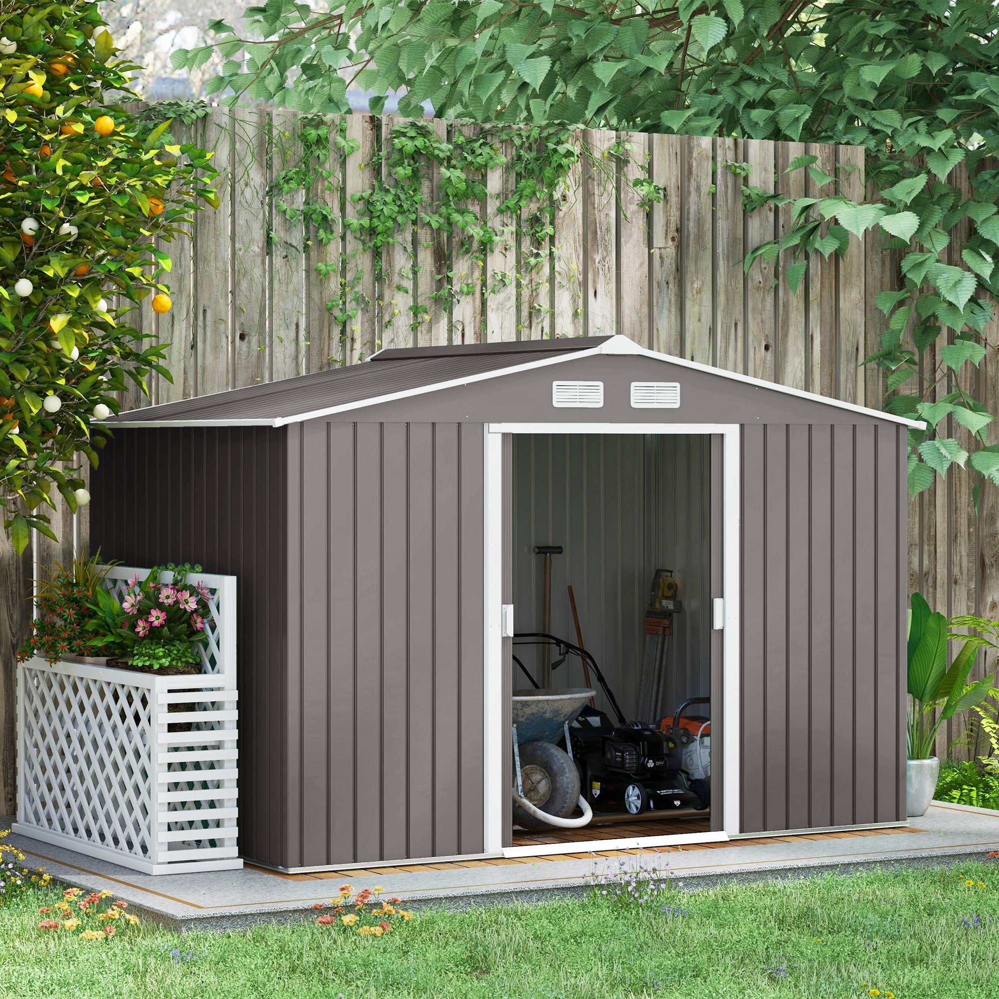 Outsunny 9' x 6' Garden Storage Shed with Foundation Kit, Metal Tool Storage House with Double Doors for Outdoor Patio Yard, Grey