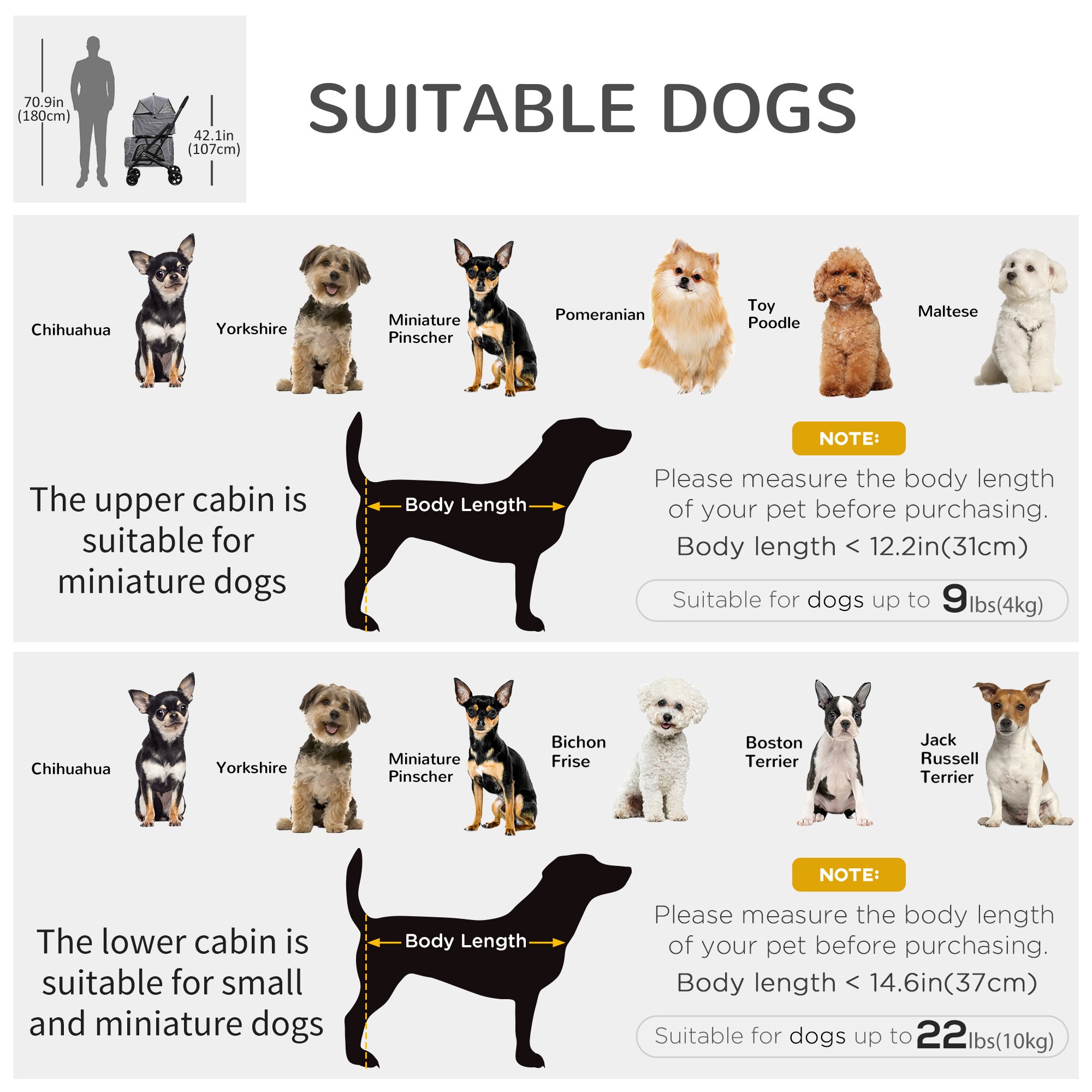 PawHut 3-in-1 Double Pet Stroller for Small Miniature Dogs Cats with Removable Carrier, Foldable Travel Carrier Bag, Car Seat, Grey