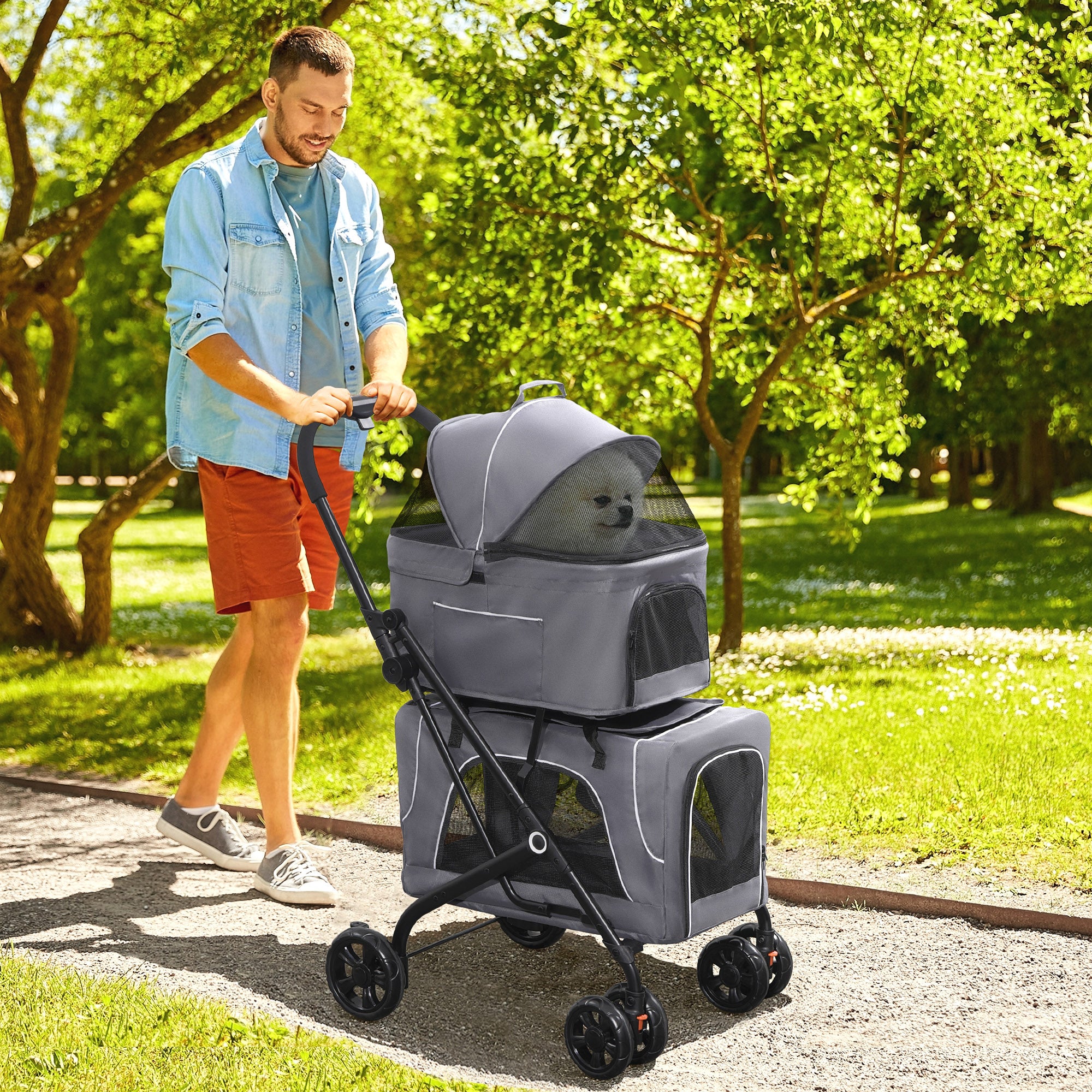 PawHut 3-in-1 Double Pet Stroller for Small Miniature Dogs Cats with Removable Carrier, Foldable Travel Carrier Bag, Car Seat, Grey