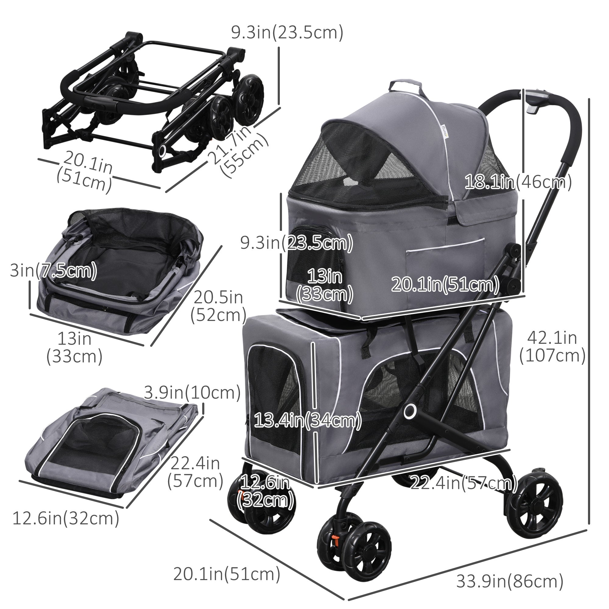 PawHut 3-in-1 Double Pet Stroller for Small Miniature Dogs Cats with Removable Carrier, Foldable Travel Carrier Bag, Car Seat, Grey