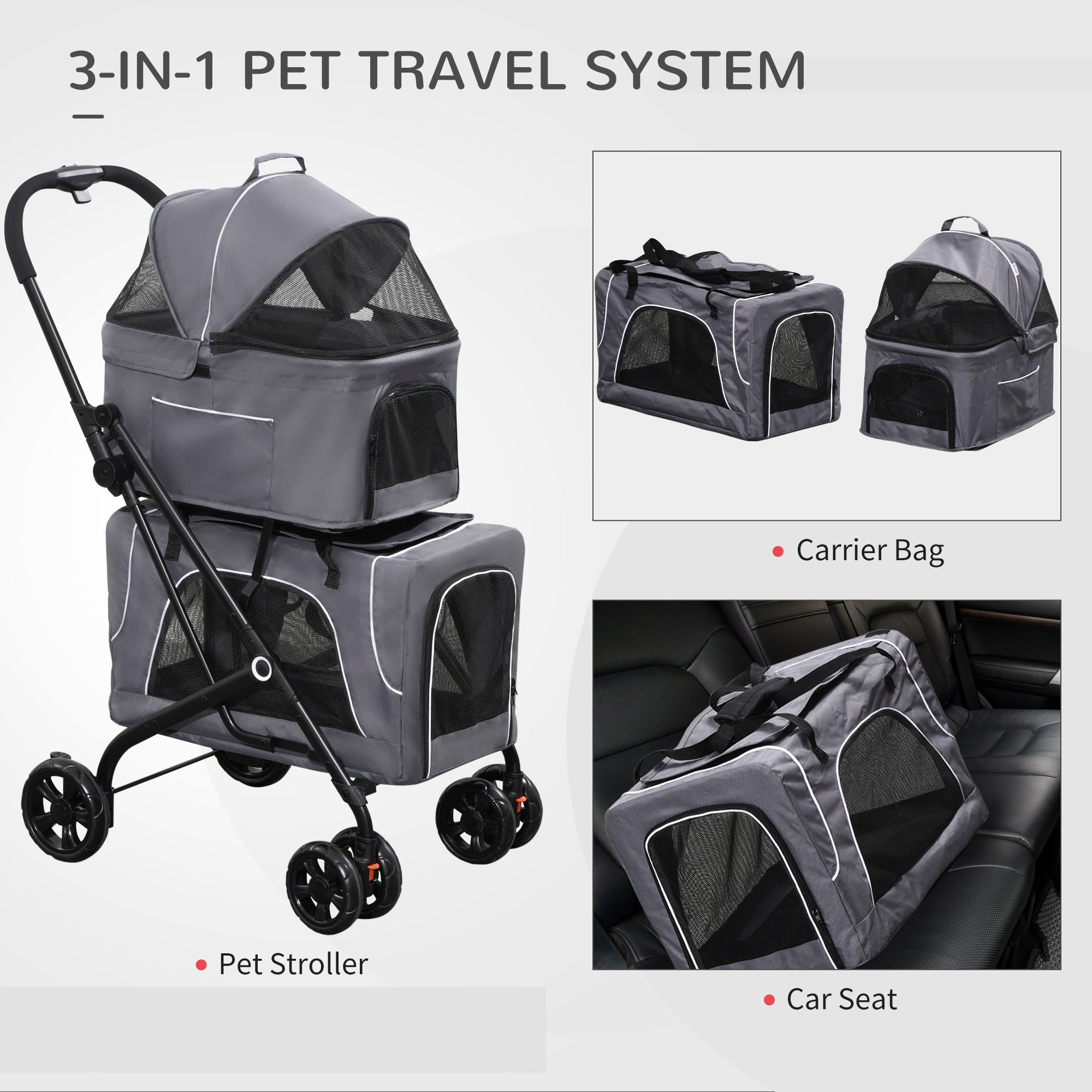 PawHut 3-in-1 Double Pet Stroller for Small Miniature Dogs Cats with Removable Carrier, Foldable Travel Carrier Bag, Car Seat, Grey