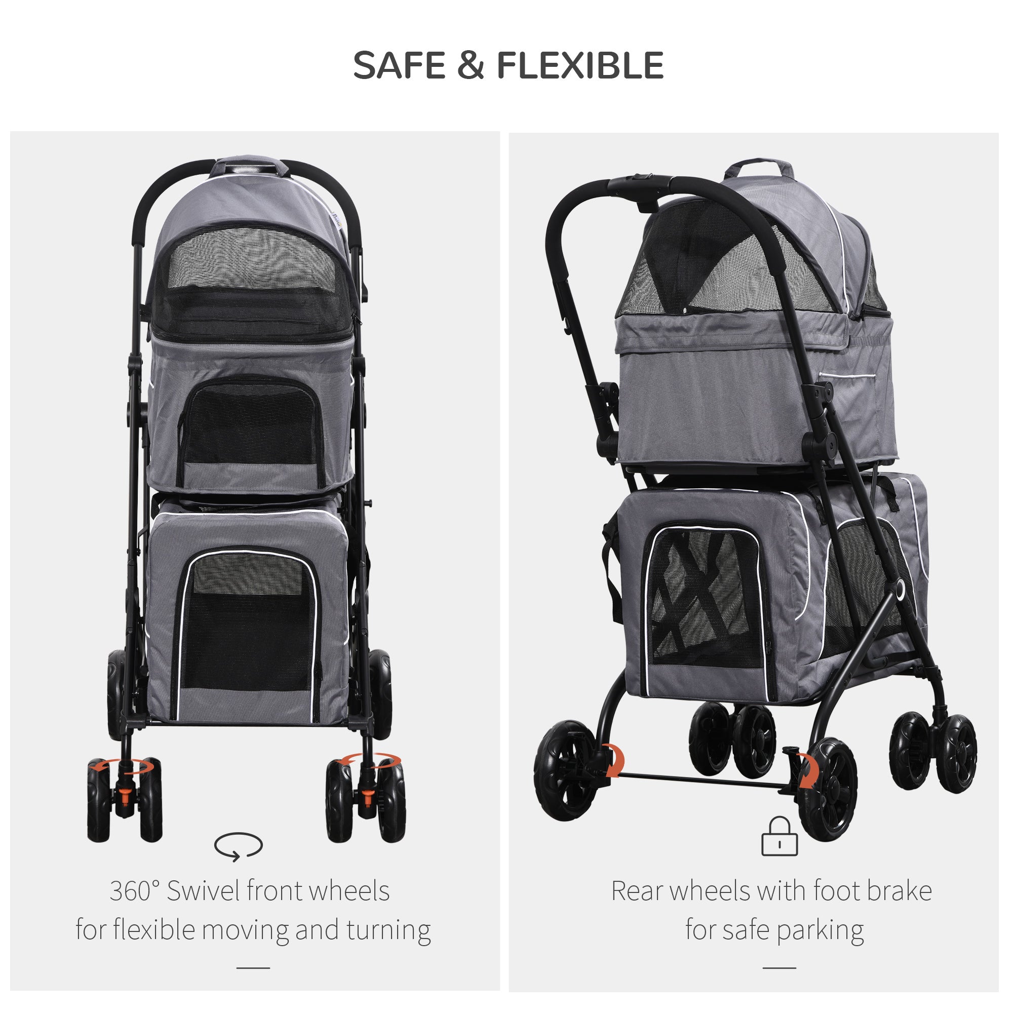 PawHut 3-in-1 Double Pet Stroller for Small Miniature Dogs Cats with Removable Carrier, Foldable Travel Carrier Bag, Car Seat, Grey