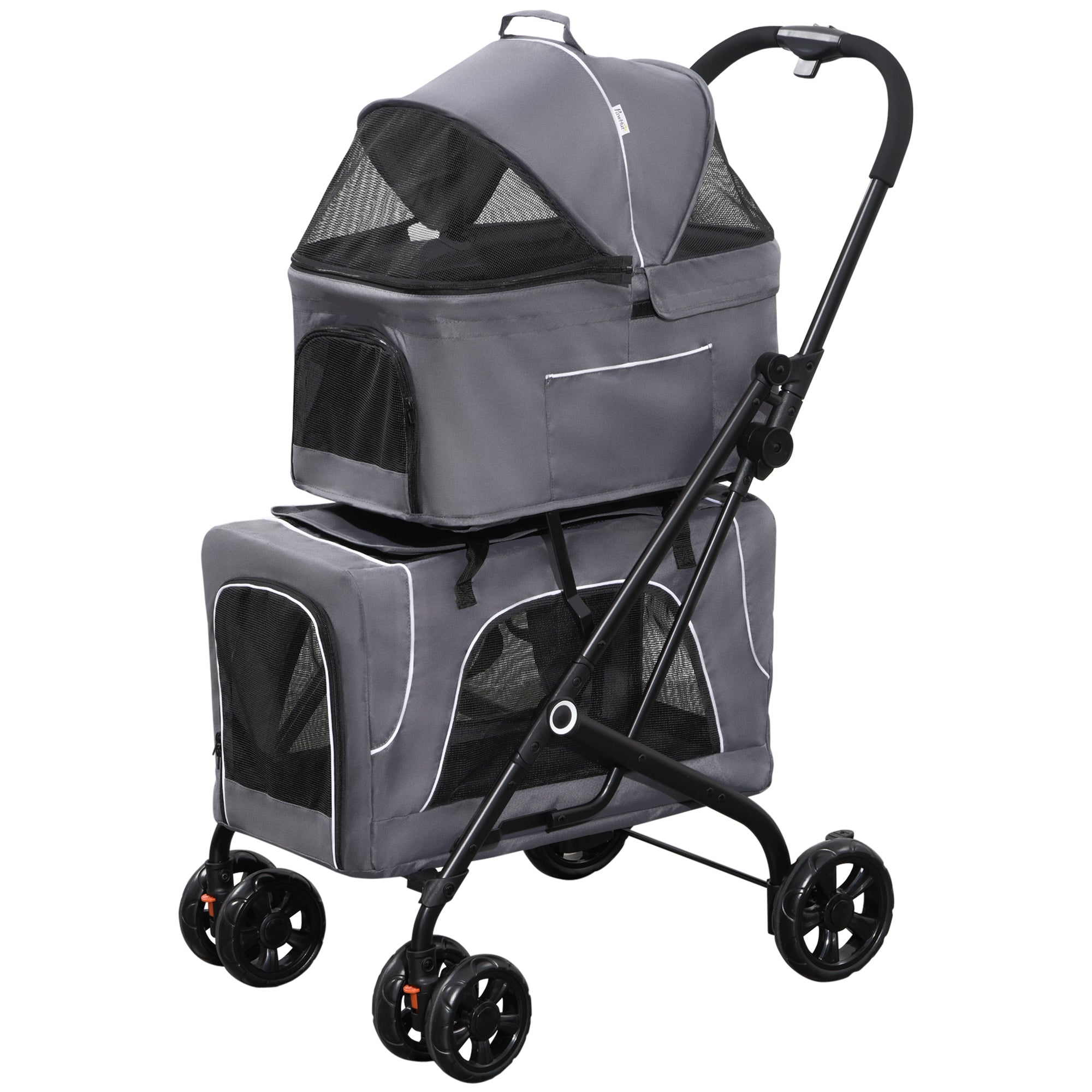 PawHut 3-in-1 Double Pet Stroller for Small Miniature Dogs Cats with Removable Carrier, Foldable Travel Carrier Bag, Car Seat, Grey