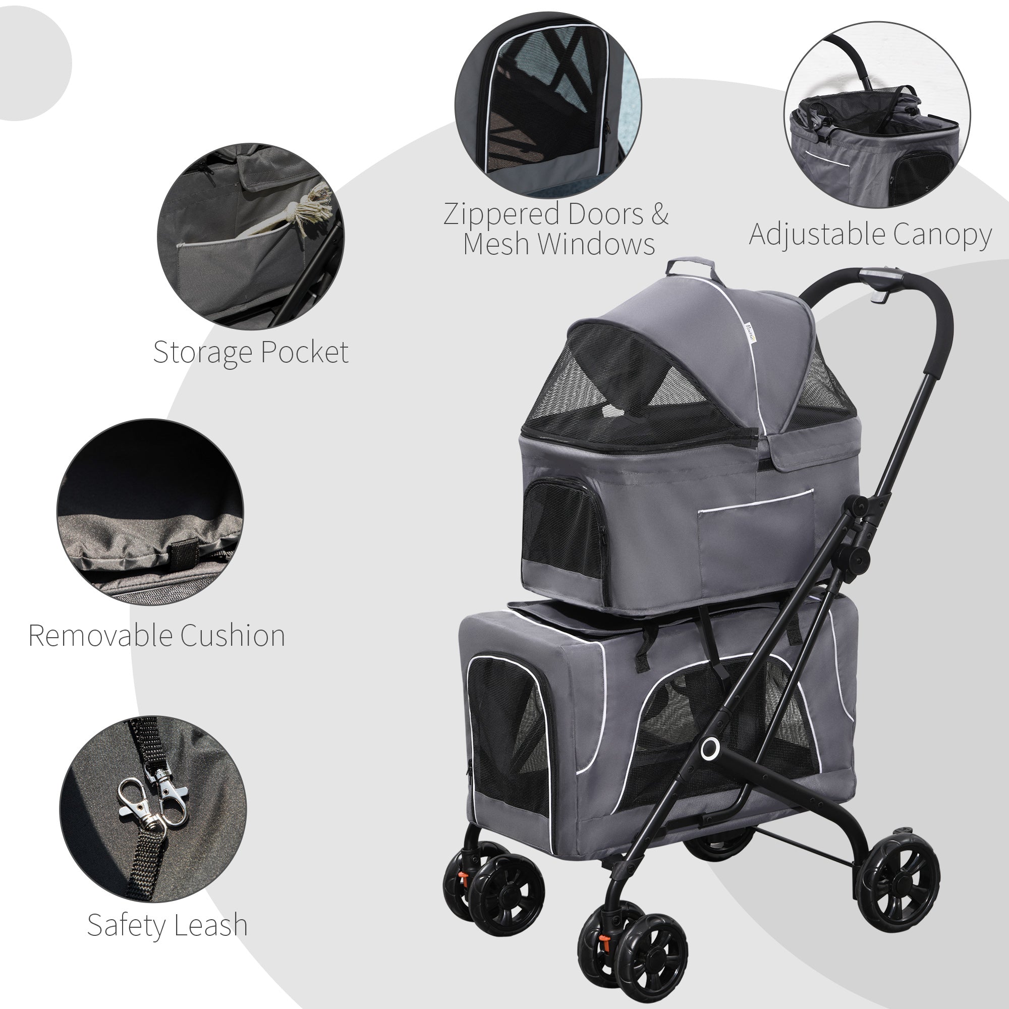 PawHut 3-in-1 Double Pet Stroller for Small Miniature Dogs Cats with Removable Carrier, Foldable Travel Carrier Bag, Car Seat, Grey