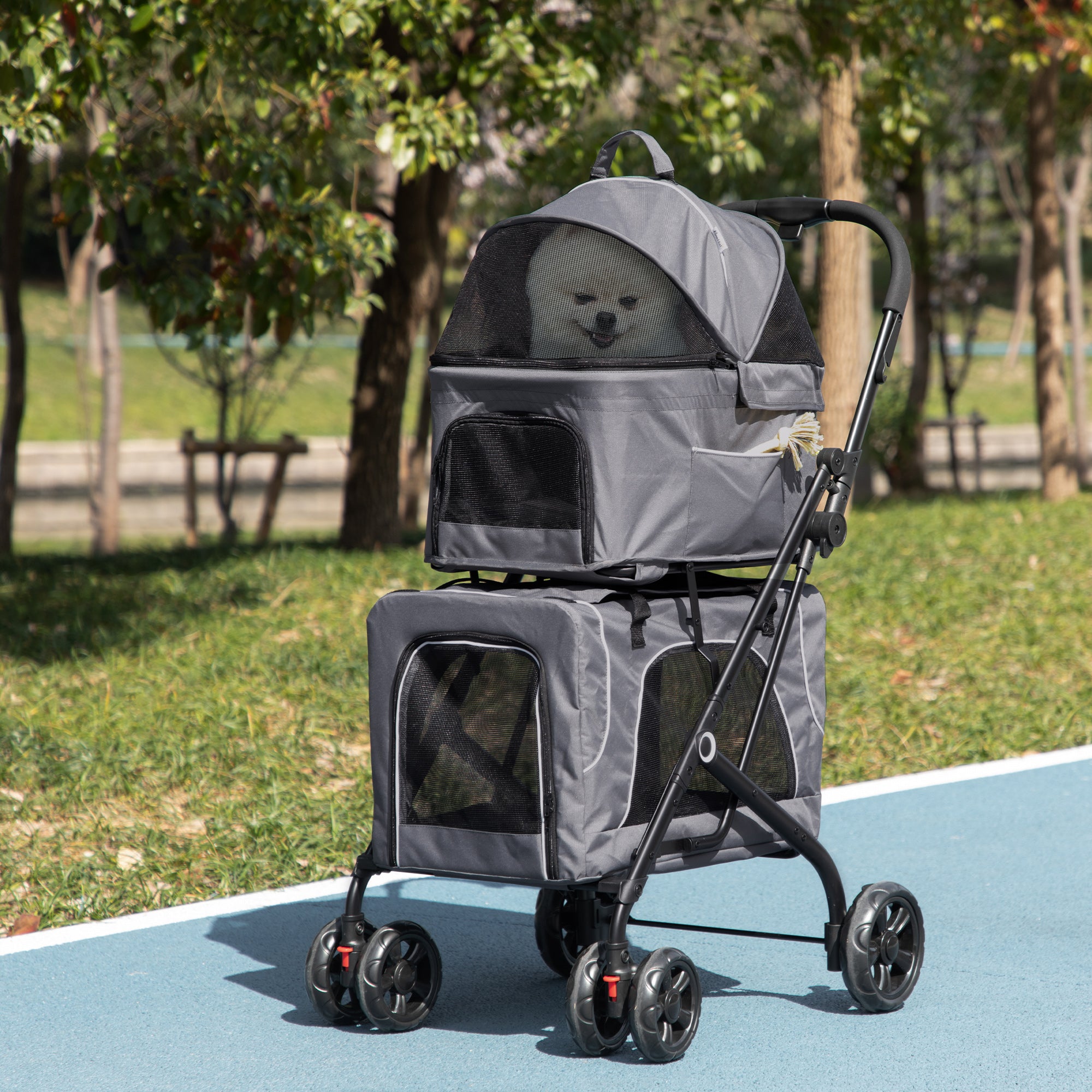 PawHut 3-in-1 Double Pet Stroller for Small Miniature Dogs Cats with Removable Carrier, Foldable Travel Carrier Bag, Car Seat, Grey