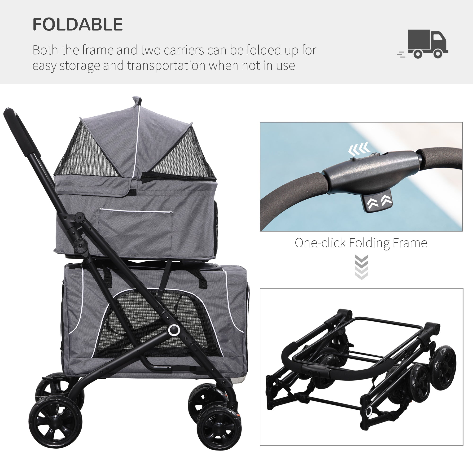 PawHut 3-in-1 Double Pet Stroller for Small Miniature Dogs Cats with Removable Carrier, Foldable Travel Carrier Bag, Car Seat, Grey